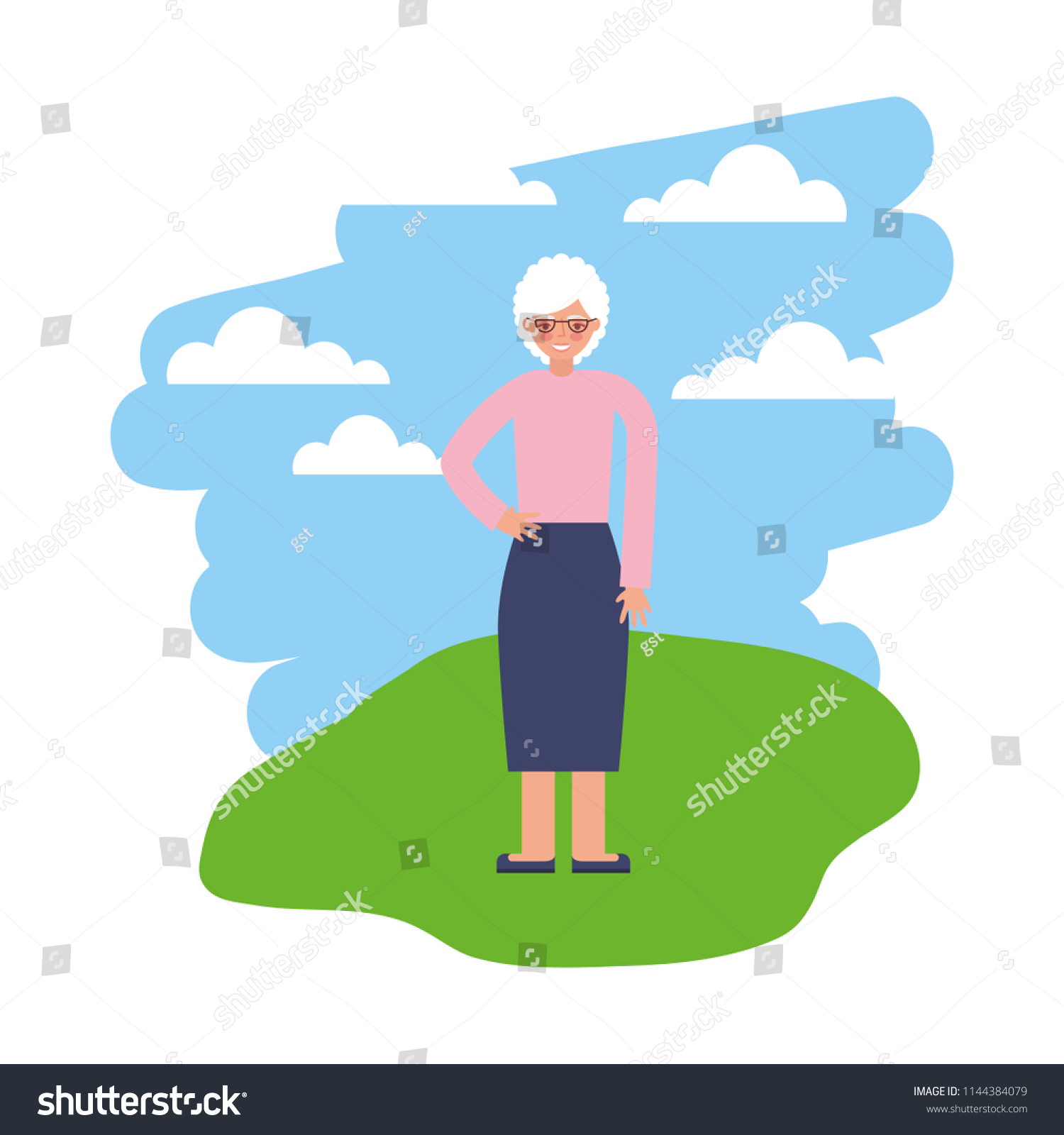 Cute Grandmother Grass Sky เวกเตอร์สต็อก ปลอดค่าลิขสิทธิ์ 1144384079