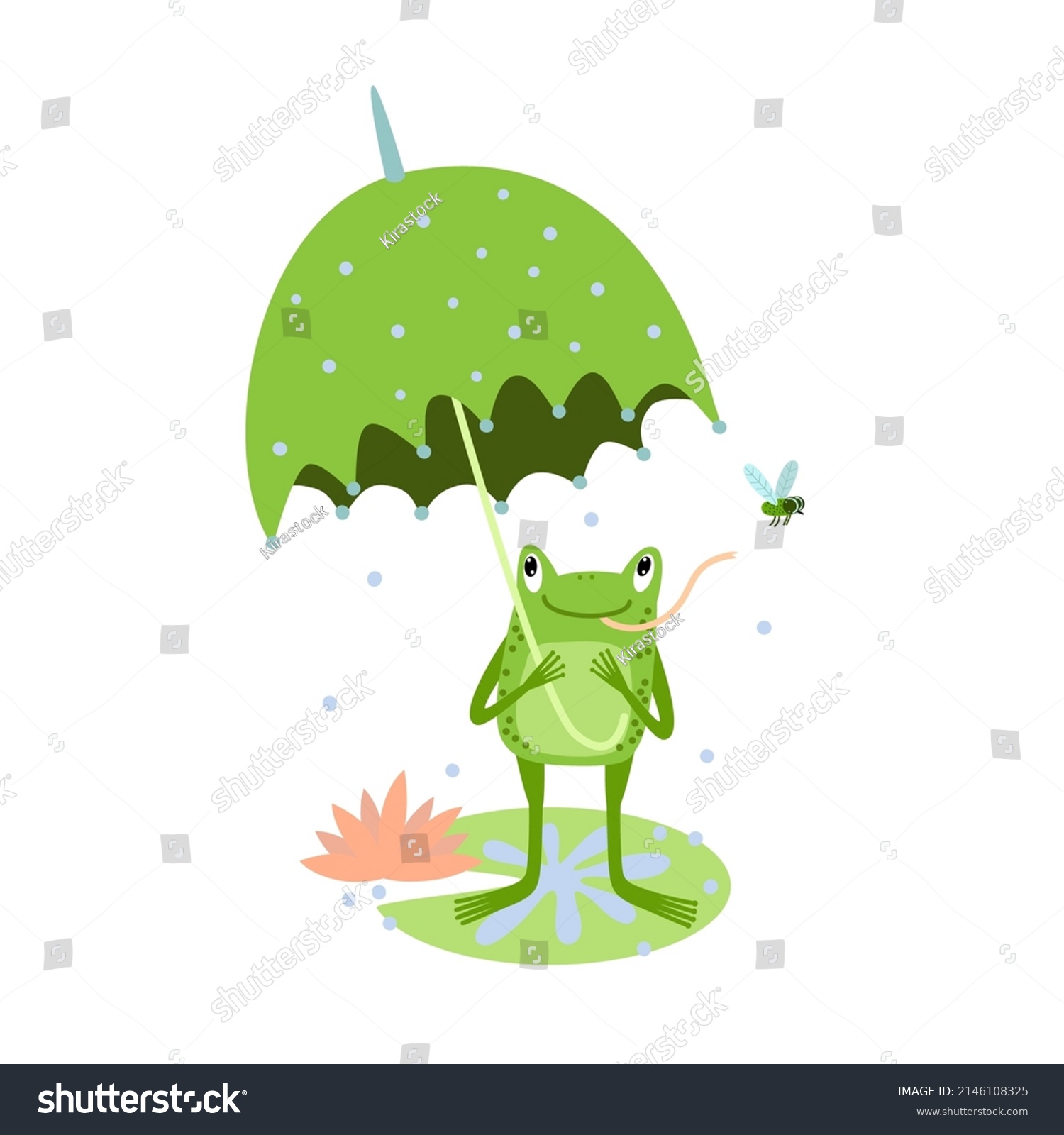 SVG of Cute green frog with umbrella. Happy frog catching fly. Funny amphibia standing on  a lotus leaf with pink lily flower. Cartoon animal, hand drawn vector illustration isolated on white. Flat design  svg