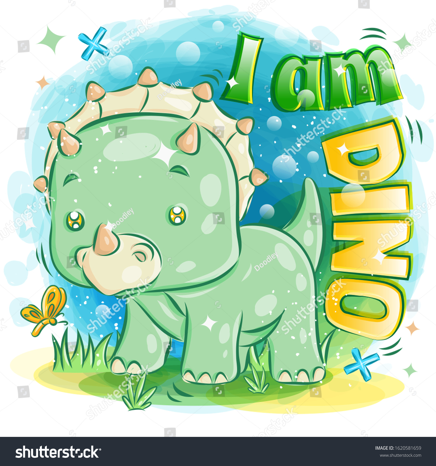 Cute Green Triceratops Playing Butterfly On Stock Vector Royalty Free