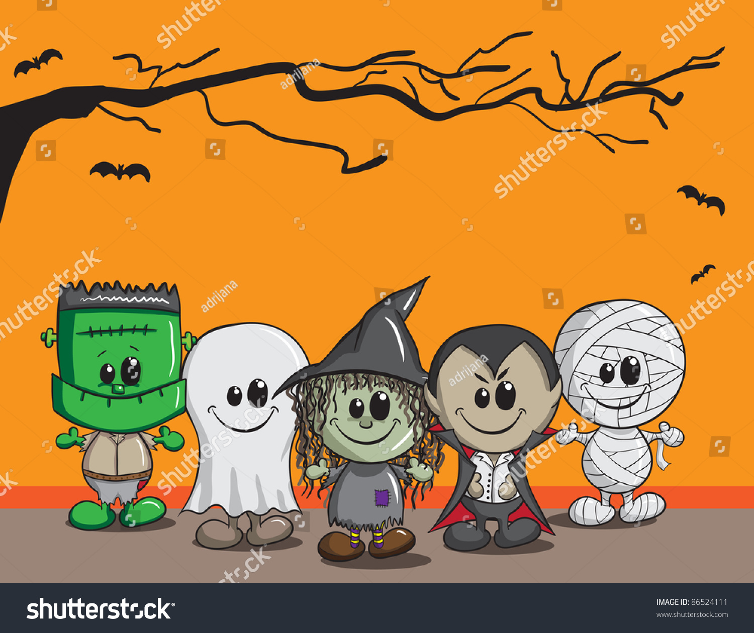 Cute Halloween Card Frankenstein Ghost Witch Stok Vektor Telifsiz 86524111