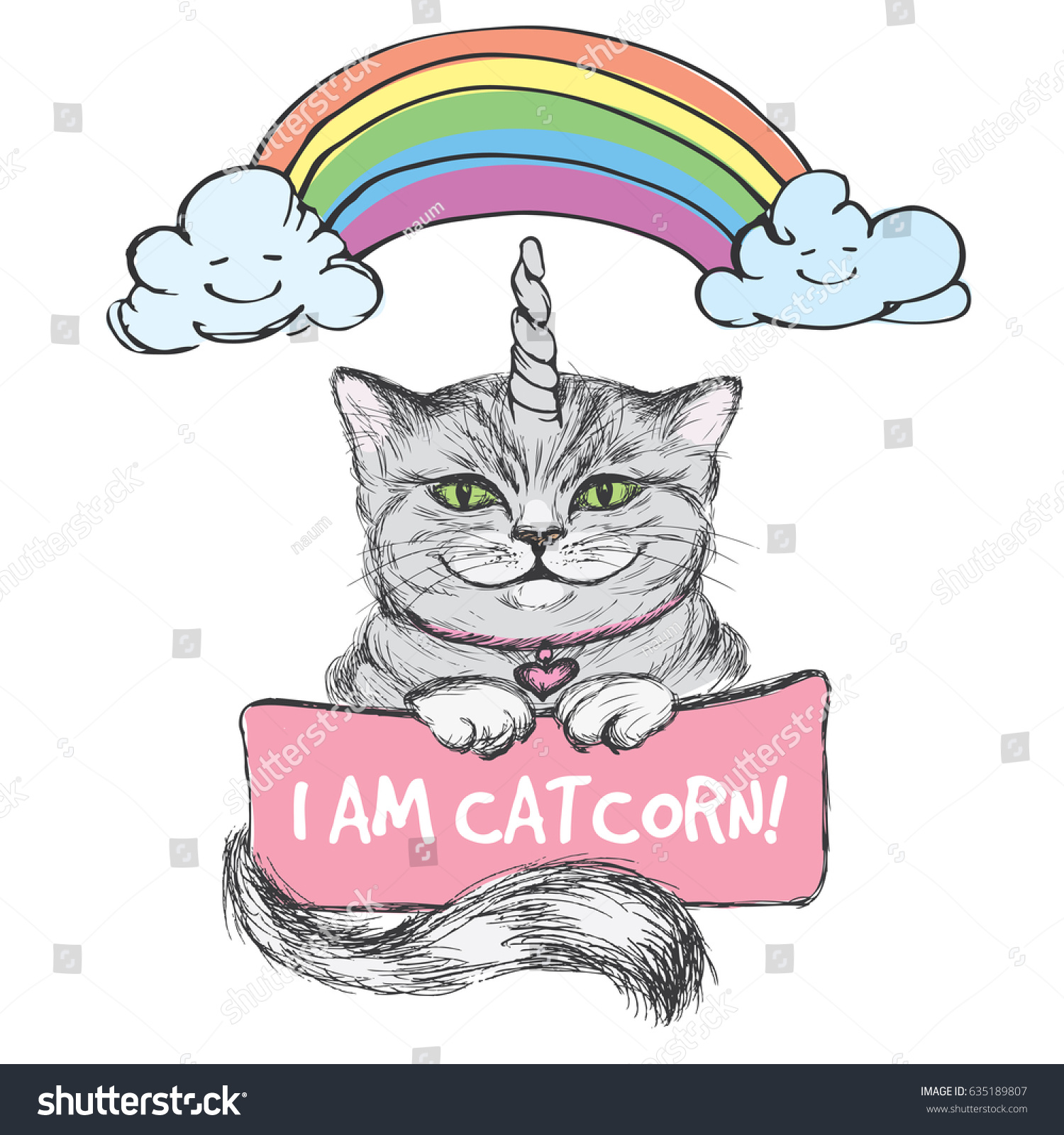 Cute Hand Drawn Card Cat Horn Stock Vector 635189807 - Shutterstock