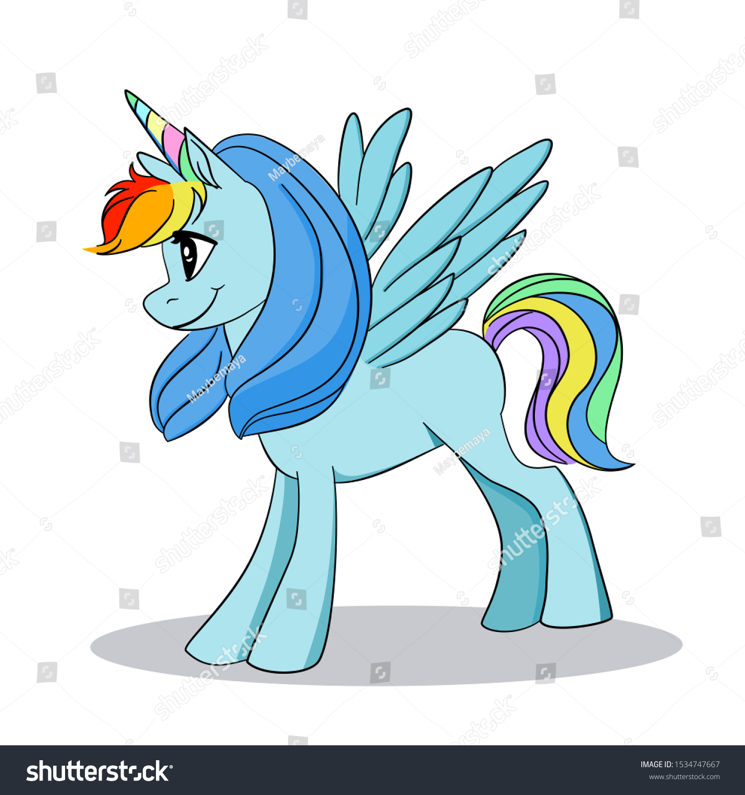 SVG of Cute hand drawn cartoon character Pony unicorn. Little blue horse with colorful rainbow hair, tail and horn. Vector illustration isolated on white background , my little pony friendship, Rainbow Dash. svg