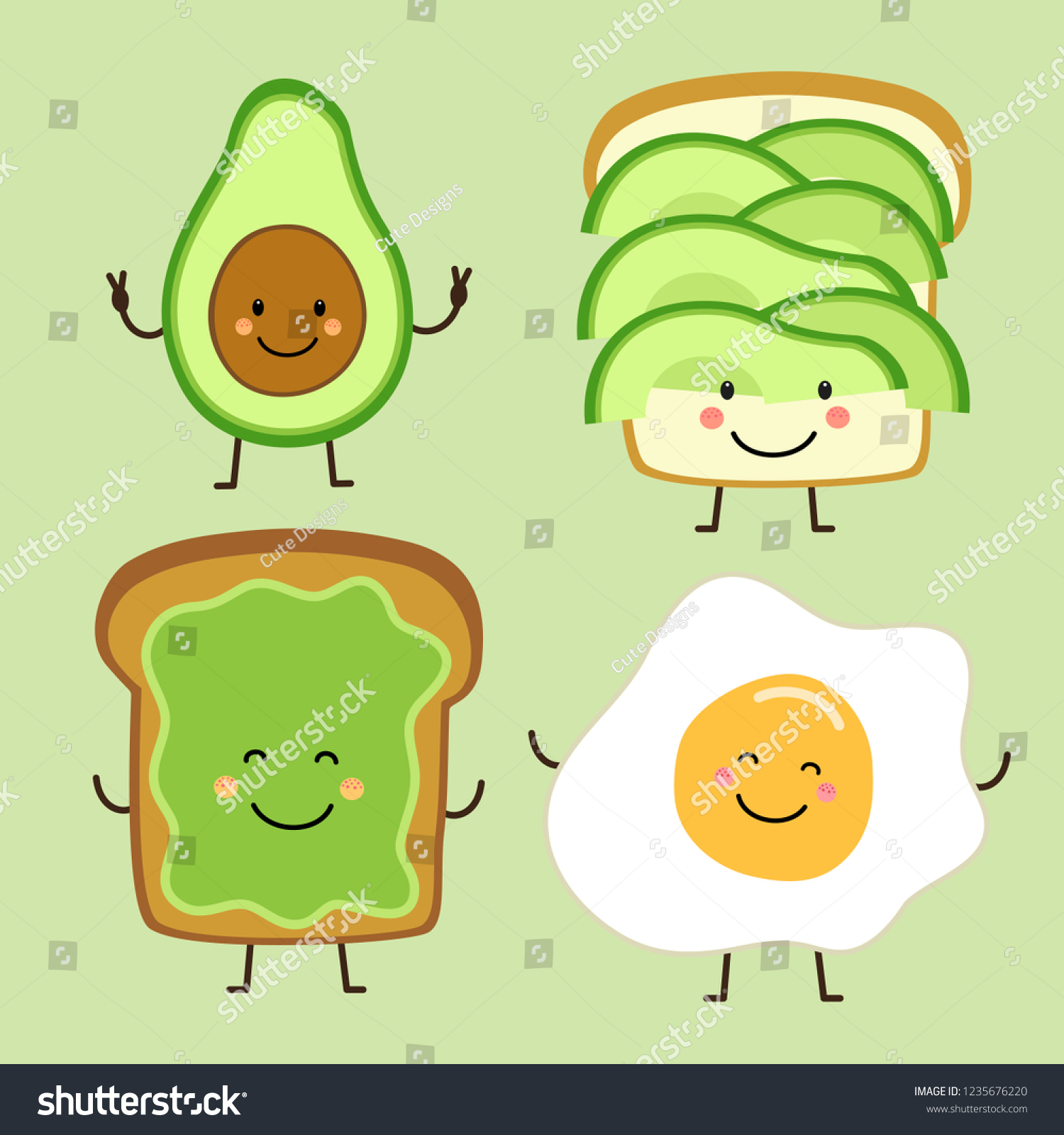 SVG of Cute hand drawn cartoon characters of avocado, toast and egg svg