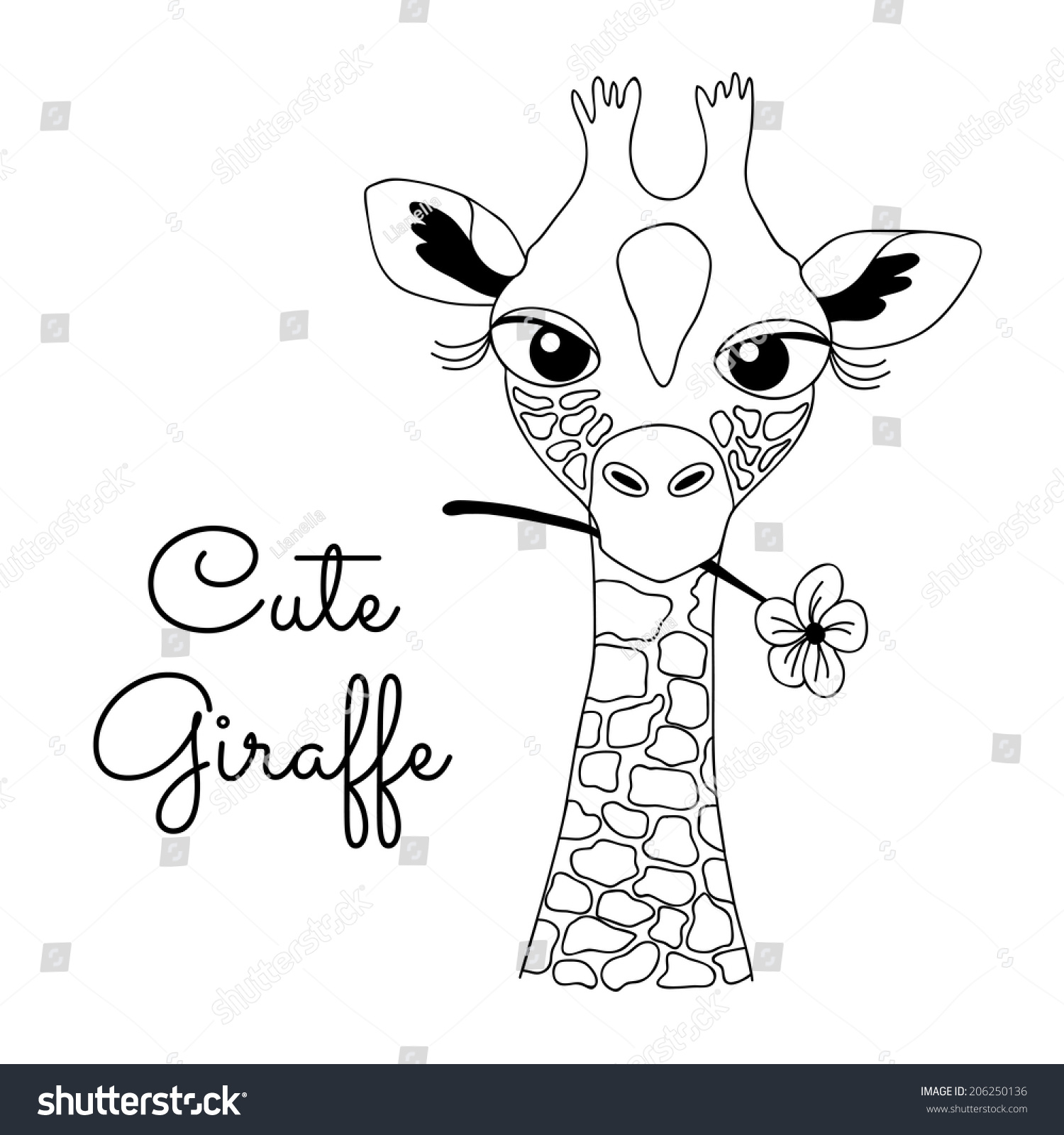 Cute Handdrawn Cartoon Giraffe Holding Flower Stock Vector 206250136 ...