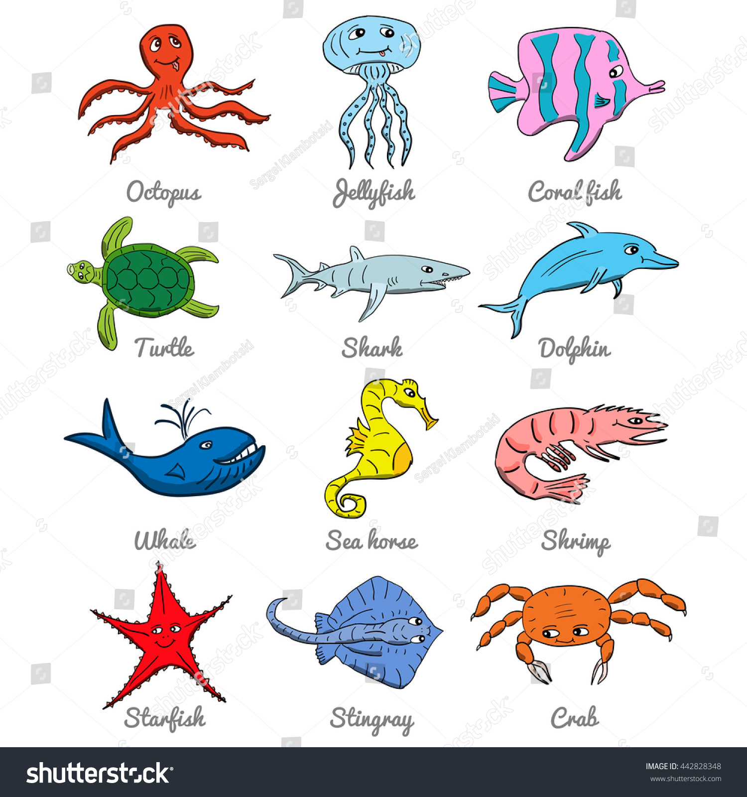 Cute Hand Drawn Cartoon Ocean Animals On A Light Background. Vector ...