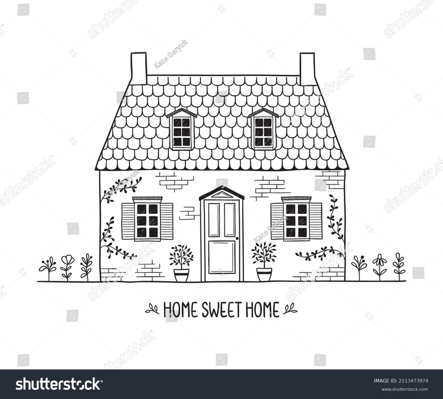SVG of Cute hand drawn house with flowers and plants. Home Sweet Home hand written text. Lovely cottage in countryside svg