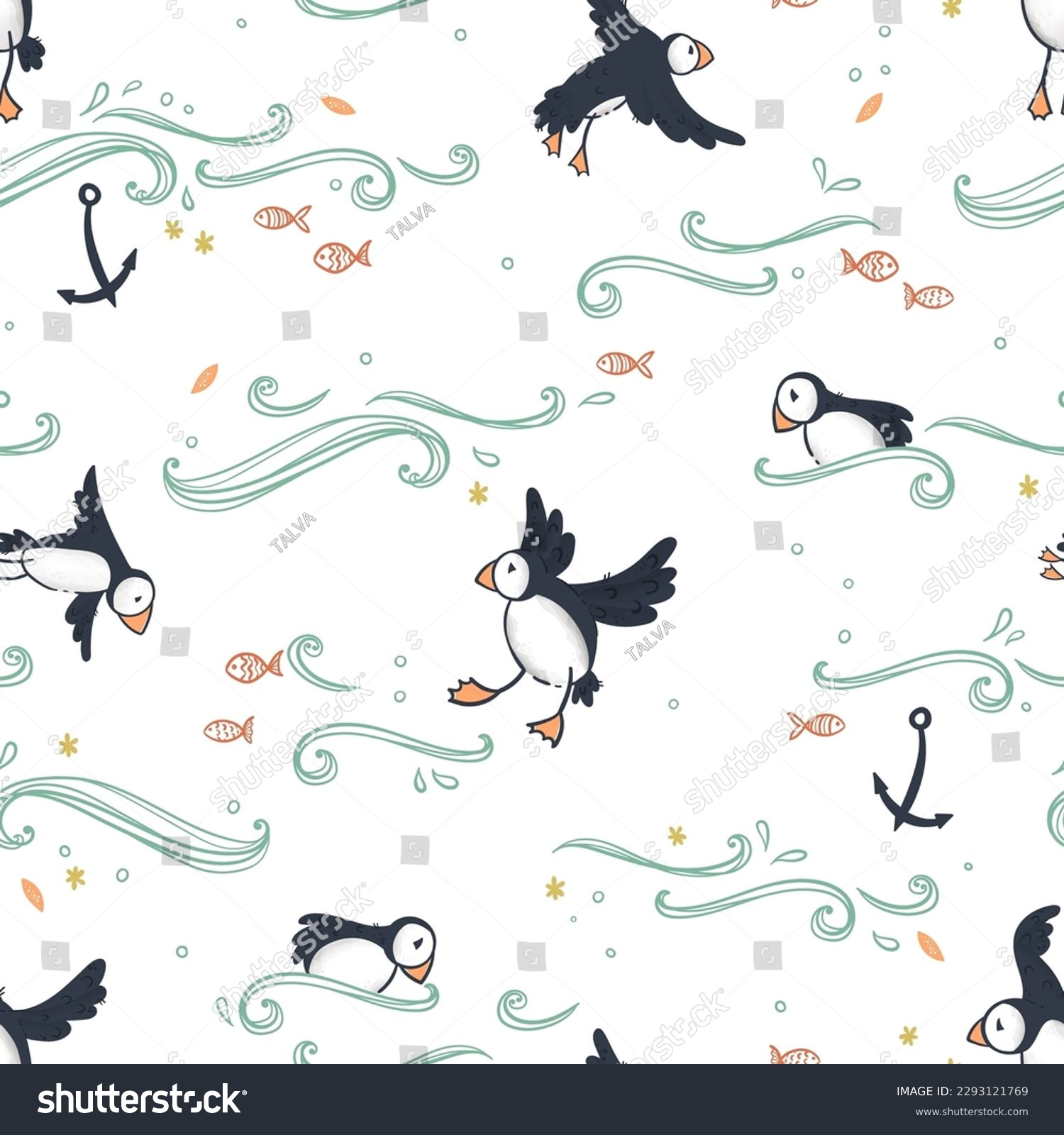 SVG of Cute hand drawn puffin seamless pattern, lovely doodle birds background, great for textiles, banners, wallpapers - vector design svg