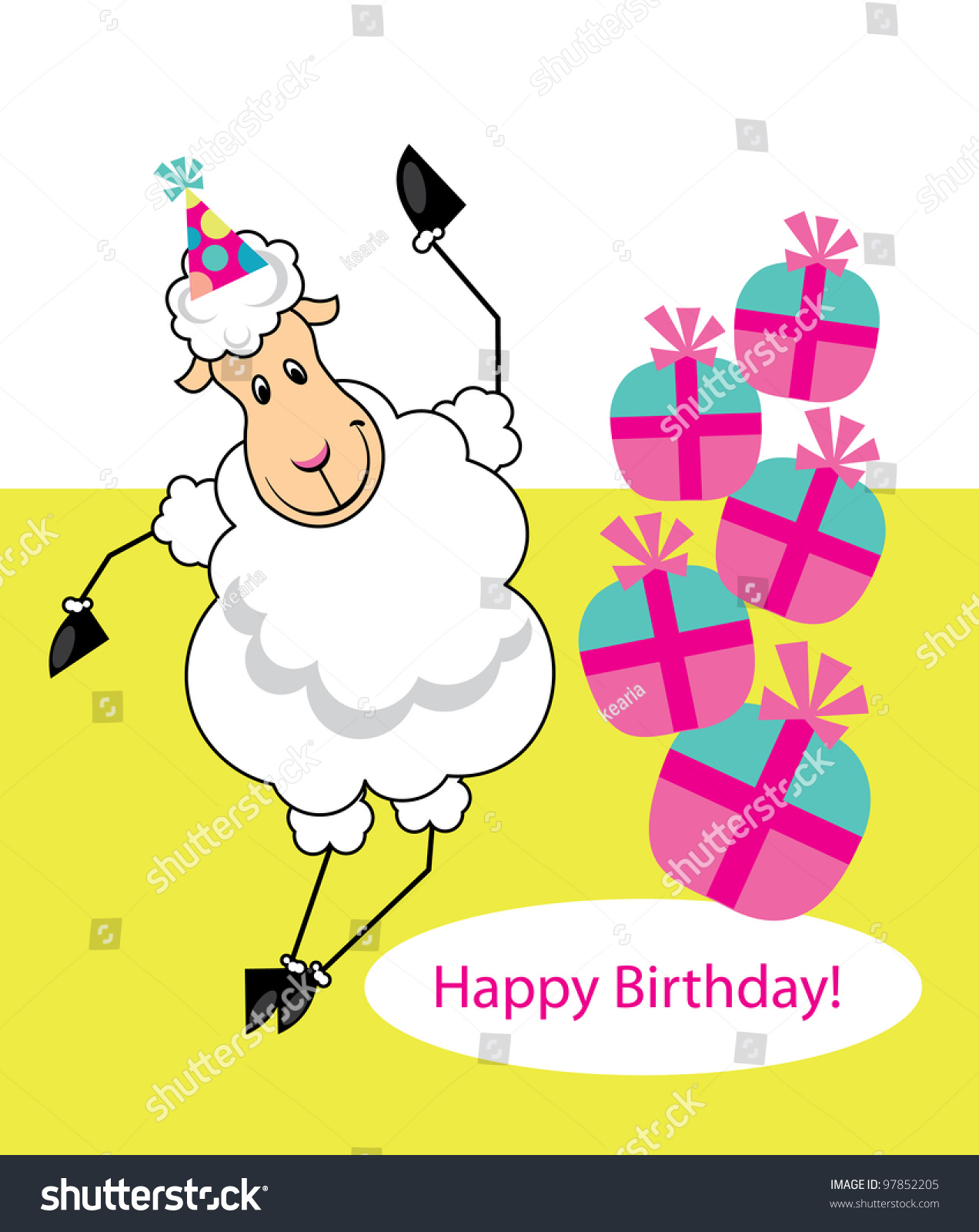 Cute Happy Birthday Card With Fun Sheep. Vector Illustration - 97852205 ...