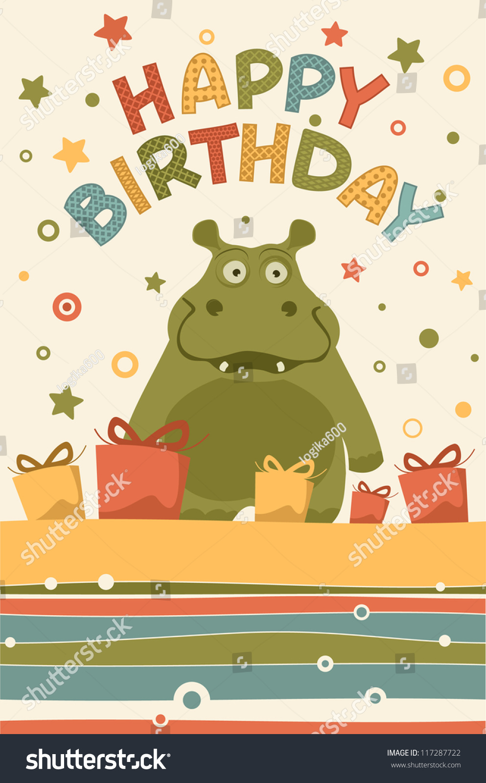 Cute Happy Birthday Card With Hippo Stock Vector Illustration 117287722 ...