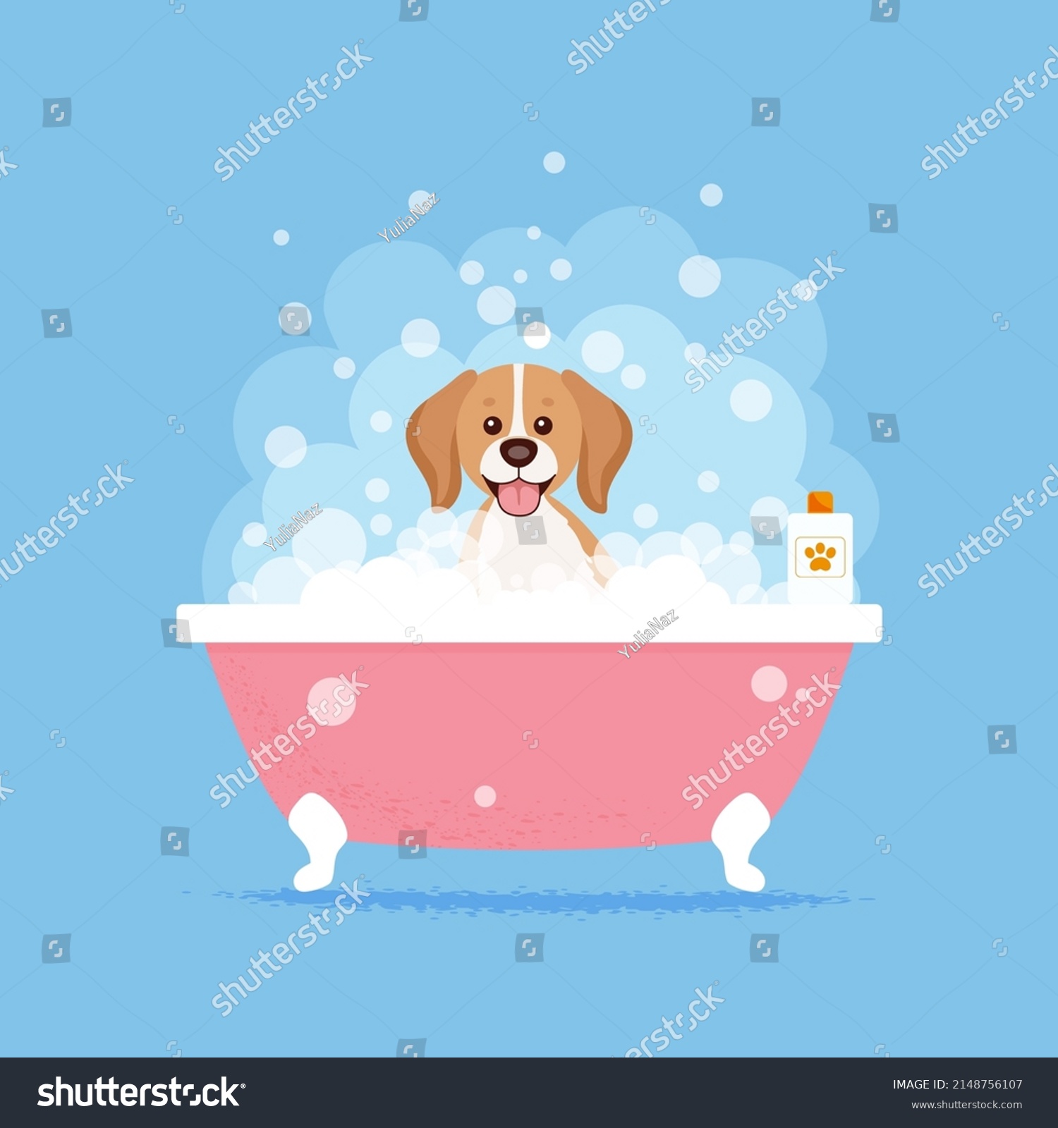 SVG of Cute happy dog having a bath with bubbles. Dog grooming. Dog spa. Vector illustration in flat style svg