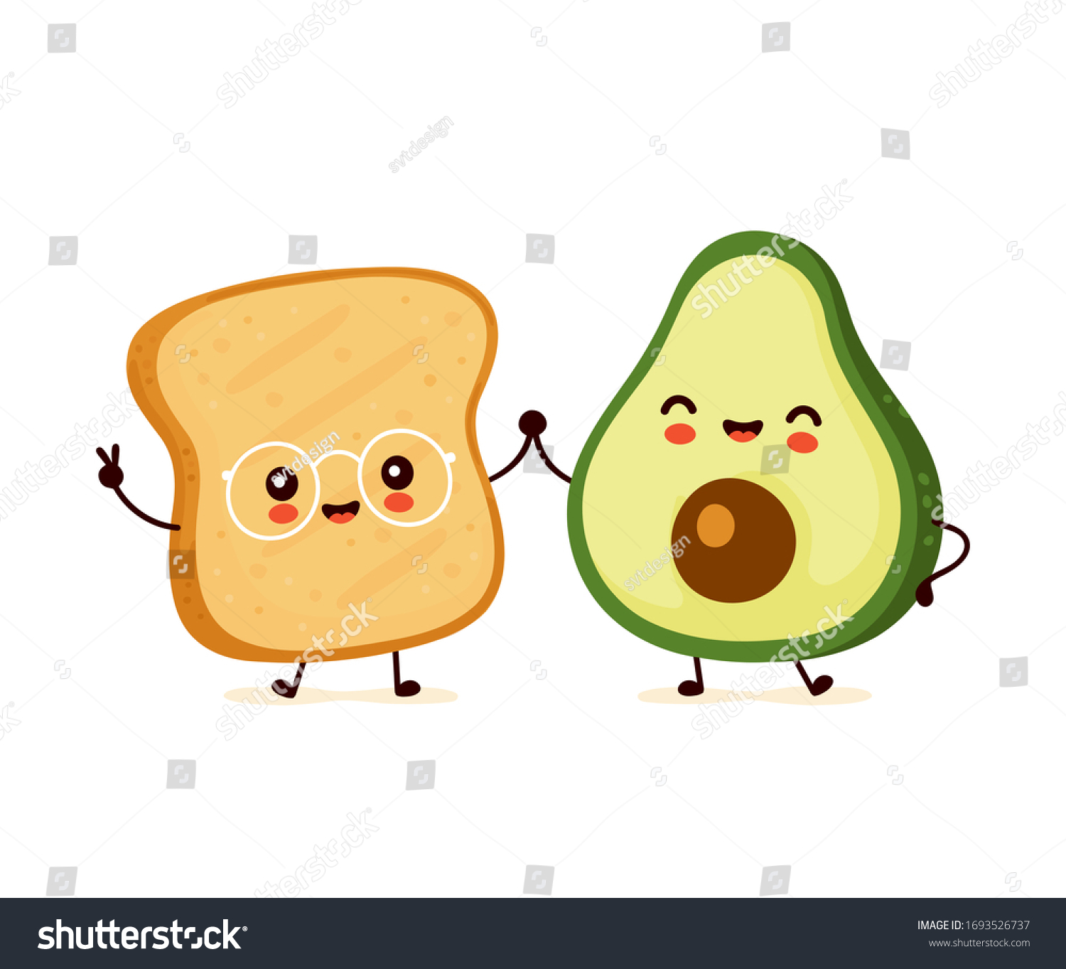 SVG of Cute happy funny toast and avocado. Vector cartoon character illustration icon design.Isolated on white background svg