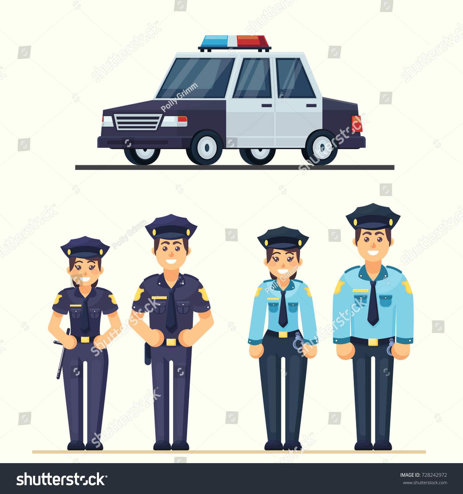 Cute happy police man and woman agents working in uniform Vector officer with car in flat style eps10