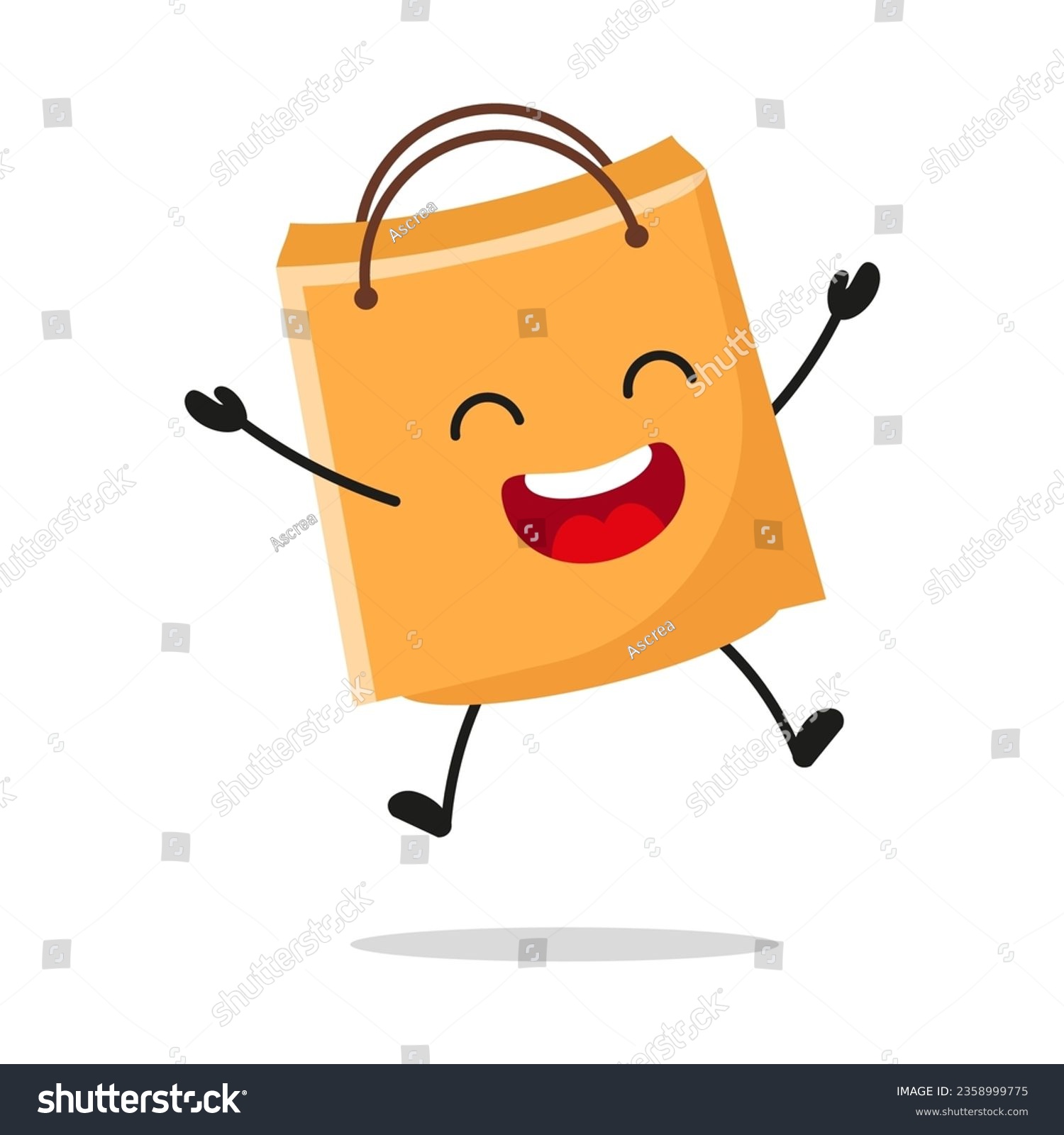 SVG of Cute happy shopping bag character. Funny victory jump celebration paper bag cartoon emoticon in flat style. bag emoji vector illustration svg