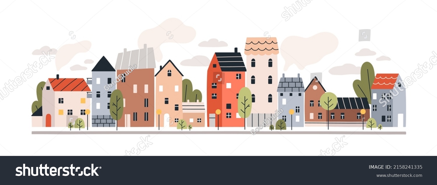 SVG of Cute houses, city buildings in Scandinavian style. Cosy town panorama with home exteriors, Scandi architecture. Urban street with chimneys, smoke. Flat vector illustration isolated on white background svg