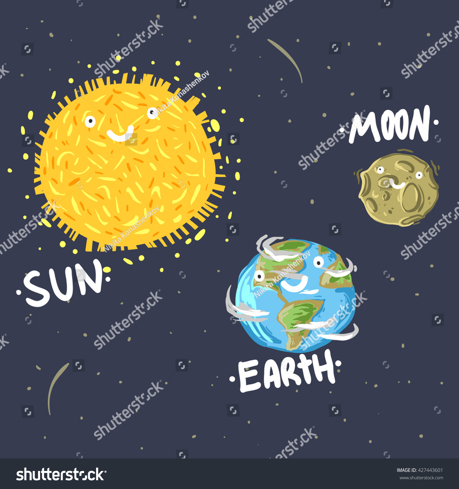Download Cute Illustration Earth Sun Moon Stars Stock Vector Royalty Free 427443601