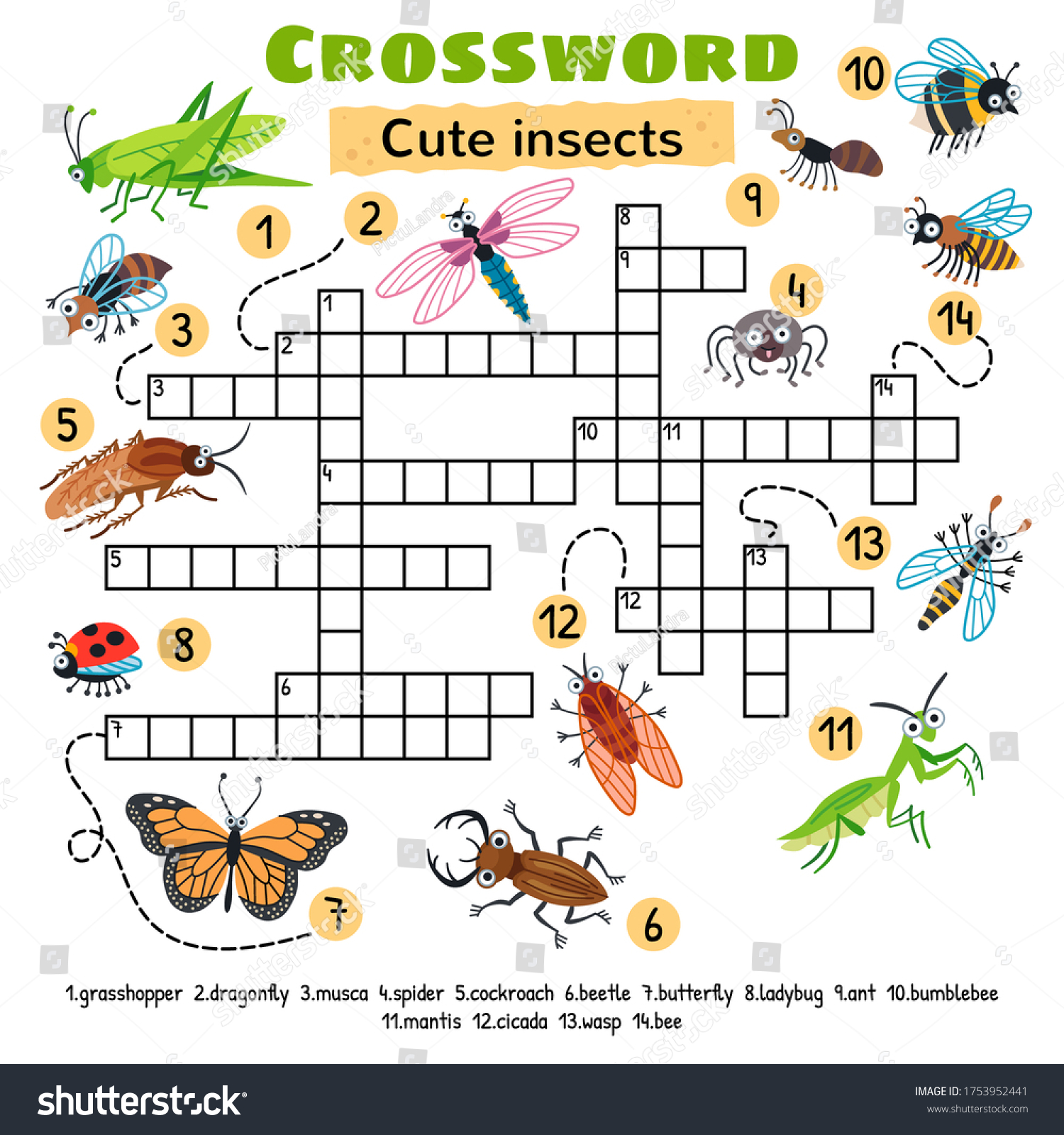 Cute Insects Crossword Preschool Kids Activity Stock Vector (Royalty ...