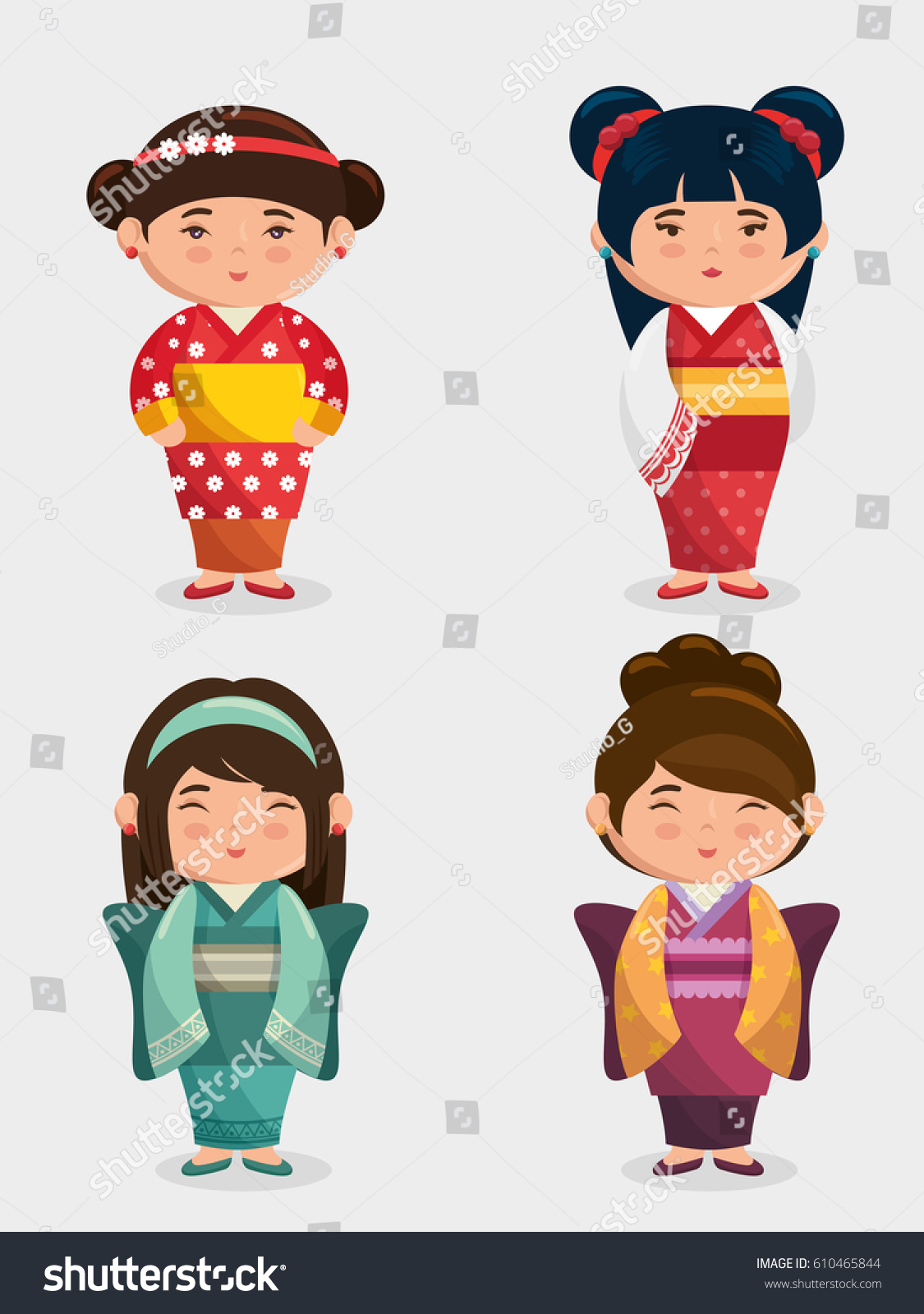 Cute Japanese Girls Group Kawaii Style Vector De Stock Libre De Regalías 610465844