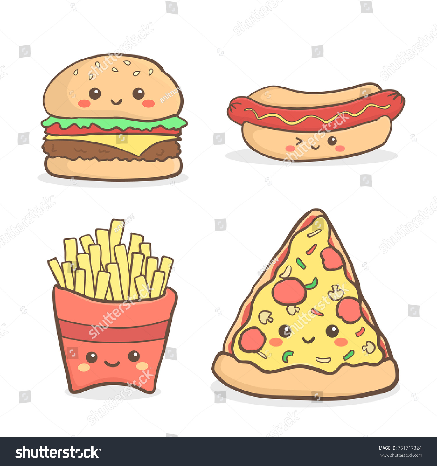 かわいいjunkfood Fastfoodの漫画セットベクターイラスト漫画 ピザ ハンバーガー ハンバーガー フライドポテト ホットドッグ のベクター画像素材 ロイヤリティフリー