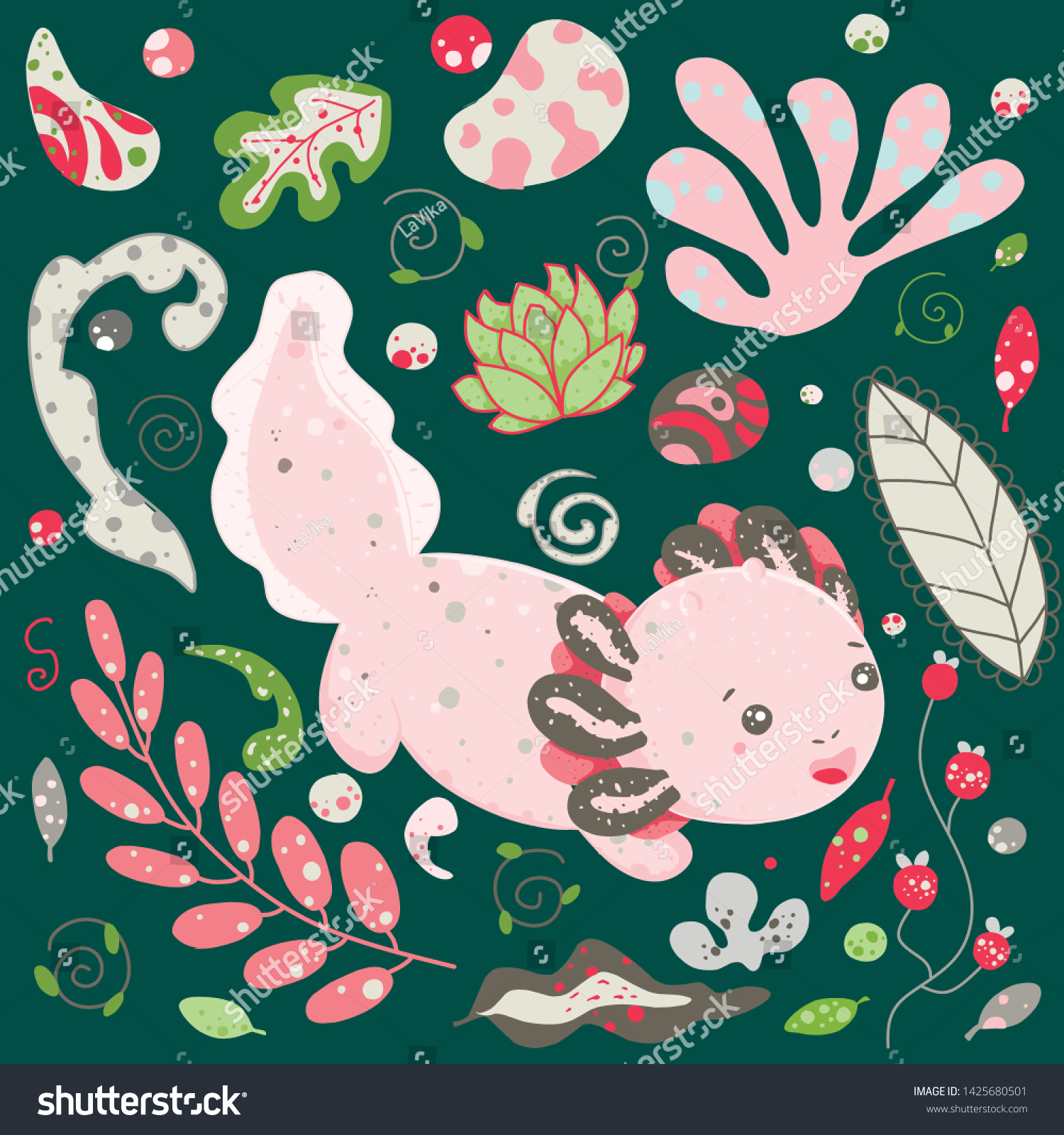 Cute Kawaii Axolotl Baby Amphibian Drawing Stock Vector Royalty Free