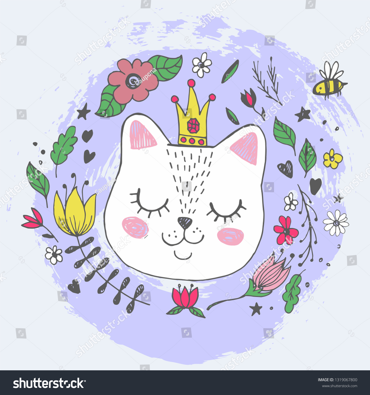 Cute Kawaii Cat Face With Glittering Crown, Flowers Hand Drawing