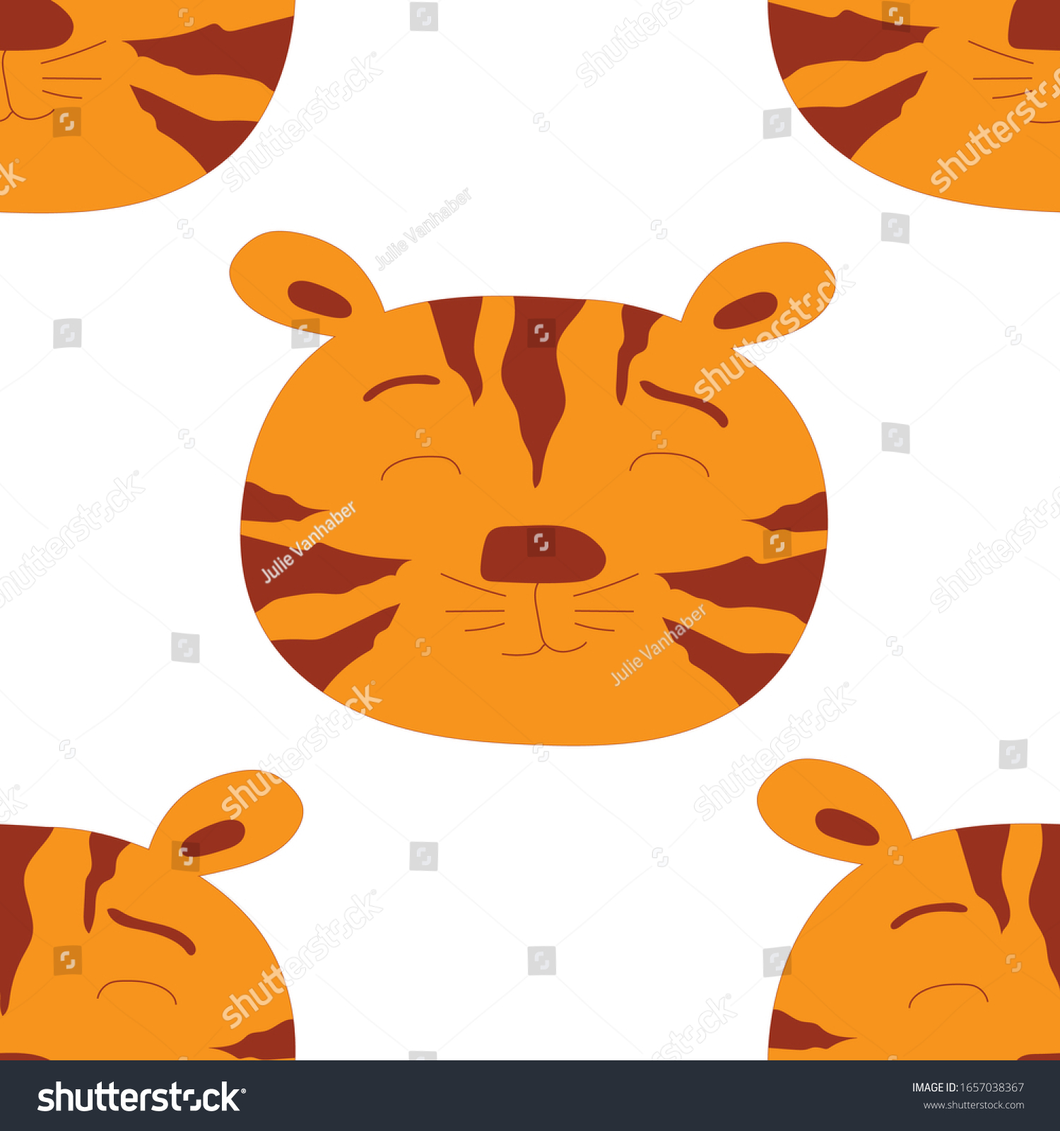 かわいいかわいい虎柄の落書き 赤ちゃんの子供のシームレスな背景 プリント 繊維 布地 白い背景におかしな野生動物の顔デザイン 虎の頭 ベクターイラスト のベクター画像素材 ロイヤリティフリー