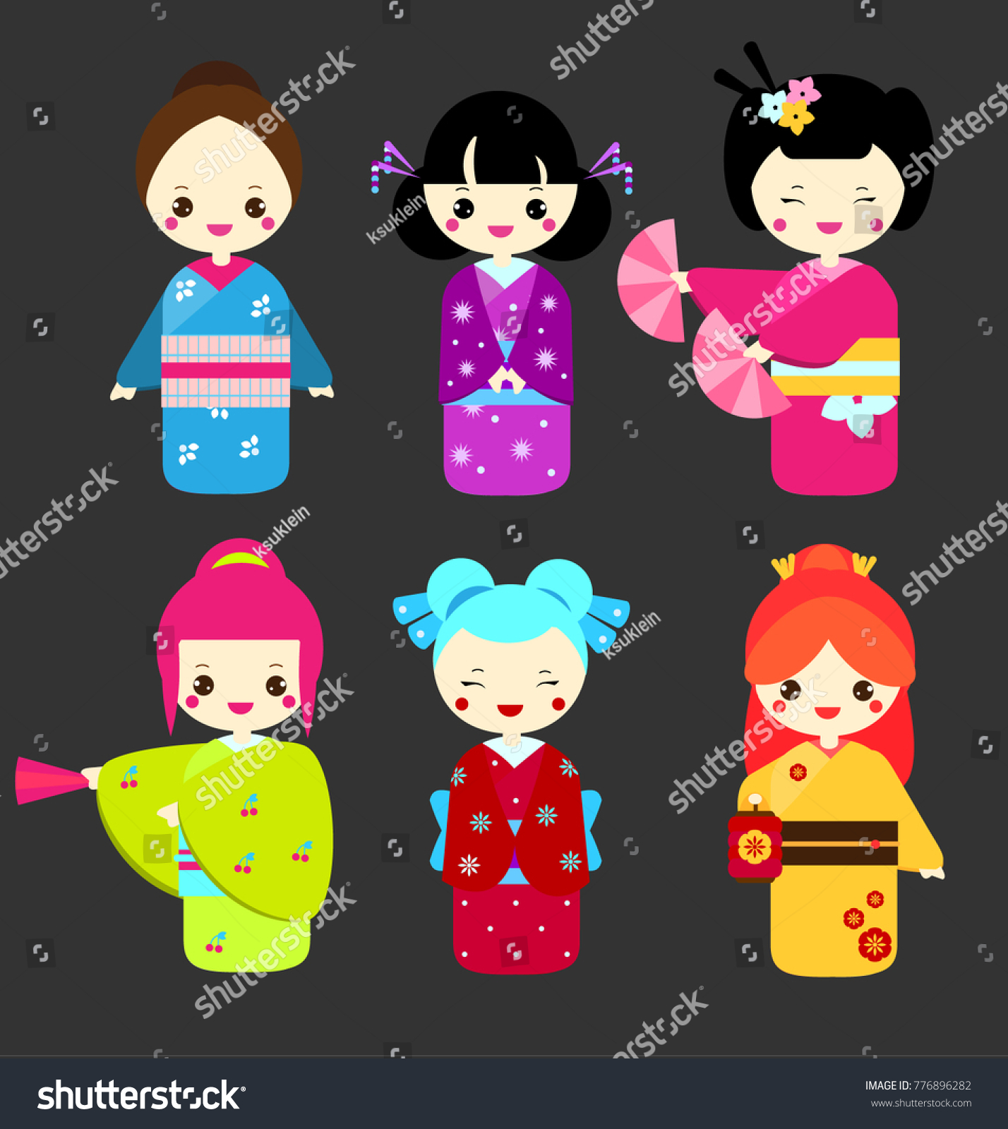 Cute Kawaii Kokeshi Dolls Traditional Japanese Stock Vector (Royalty ...