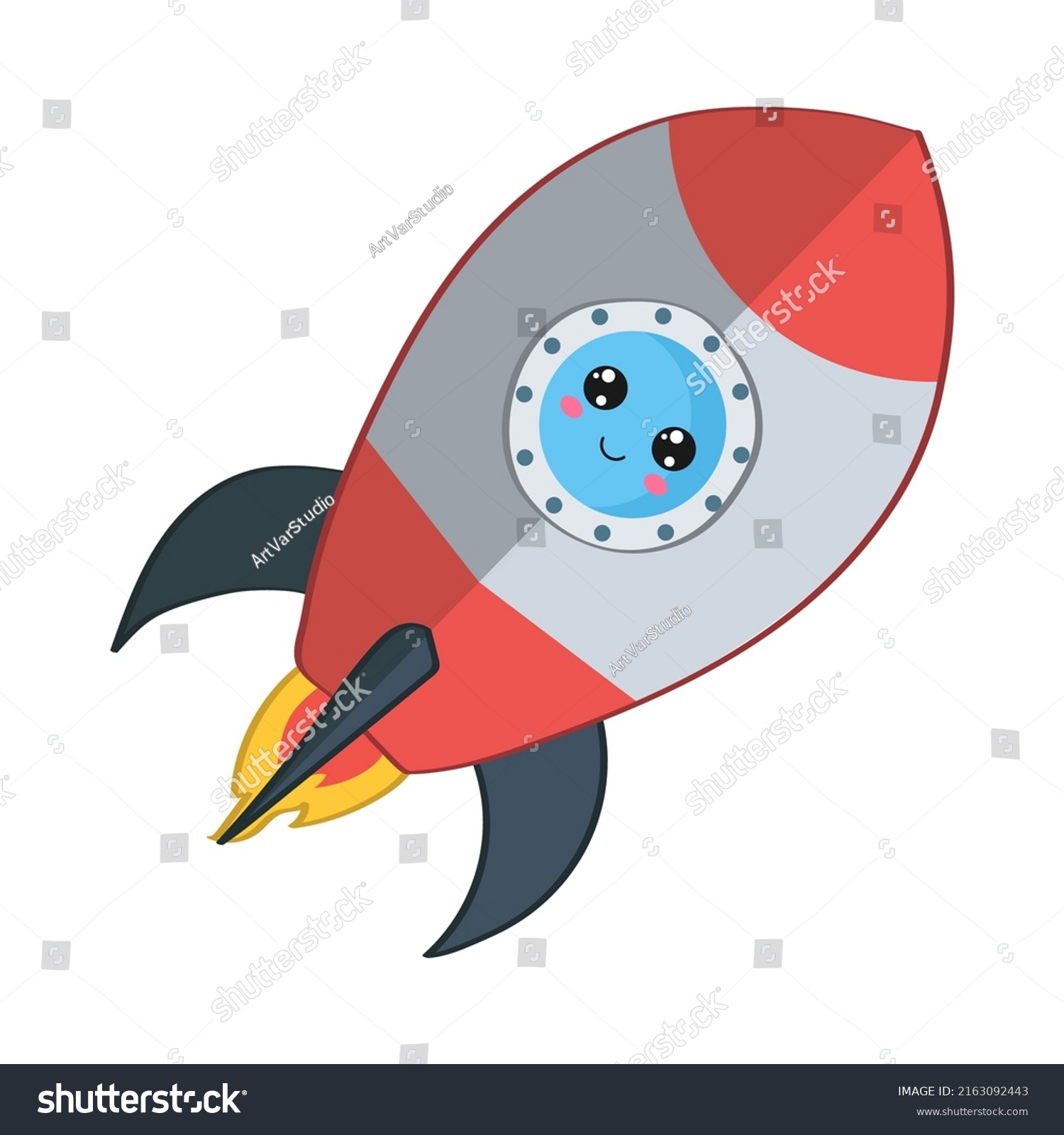 SVG of Cute kawaii rocket Vector illustration of a rocket. Illustration of rocket for kids, baby book, fairy tales, covers, baby shower invitation, textile t-shirt.
 svg