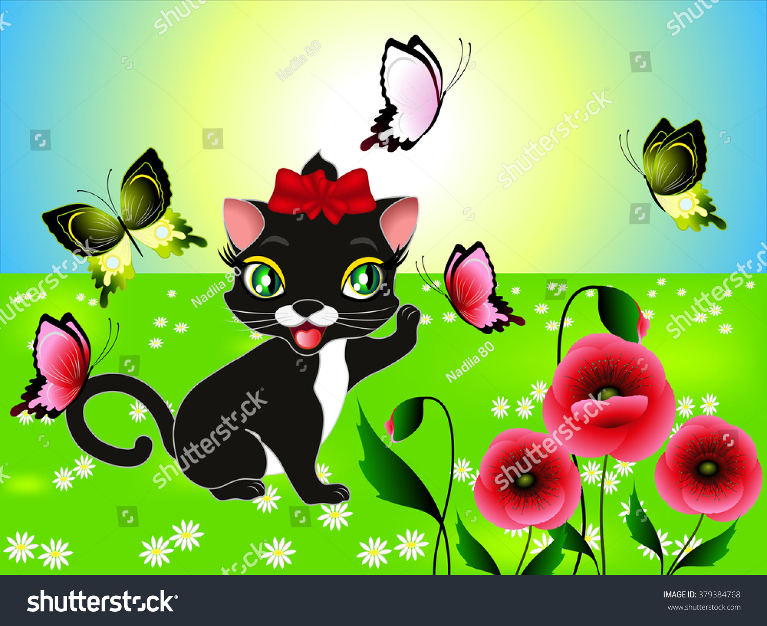 SVG of Cute kitten playing with butterflies in the meadow. svg