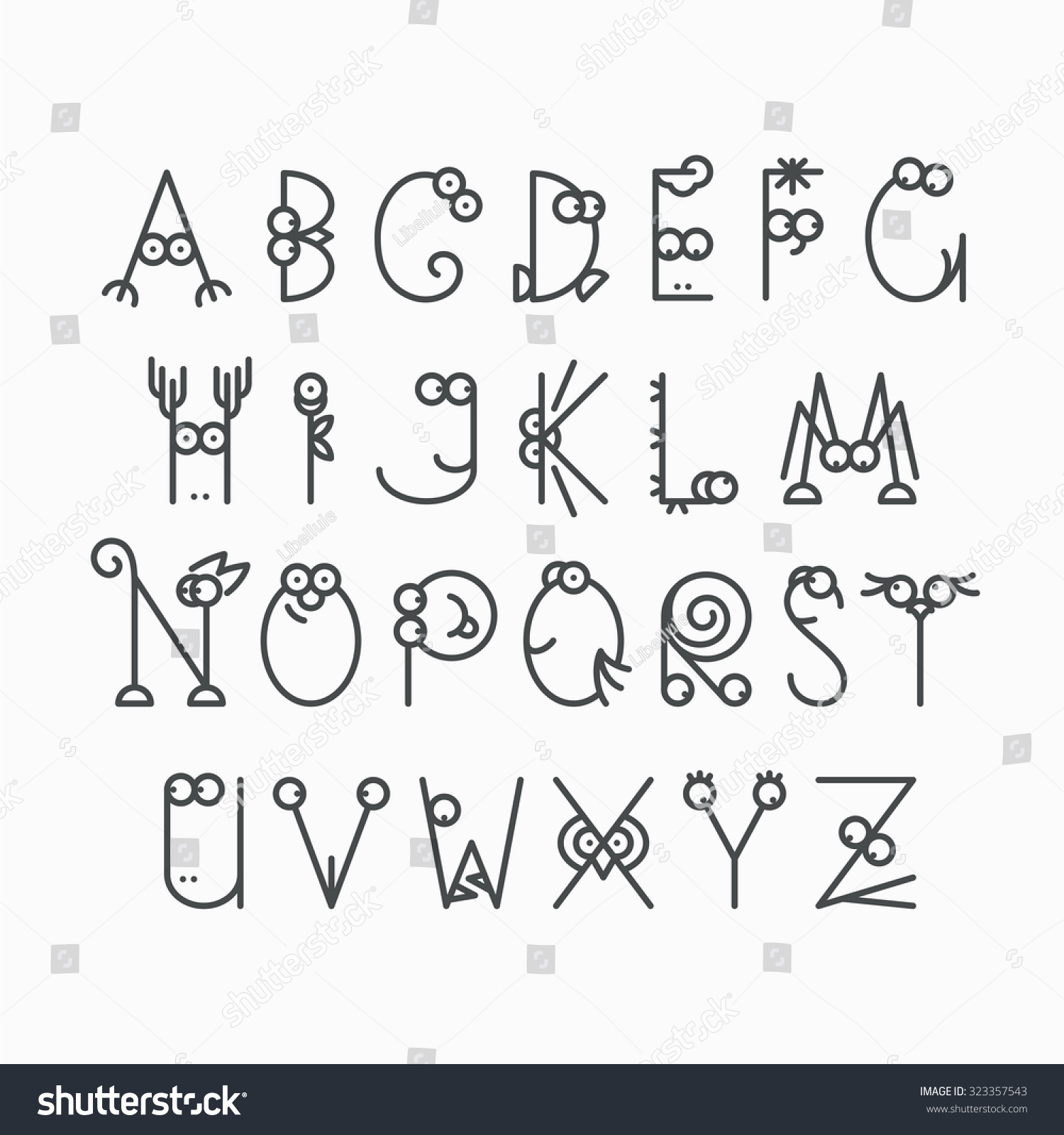 Cute Line Latin Alphabet Isolated Outline Stock Vector Royalty Free