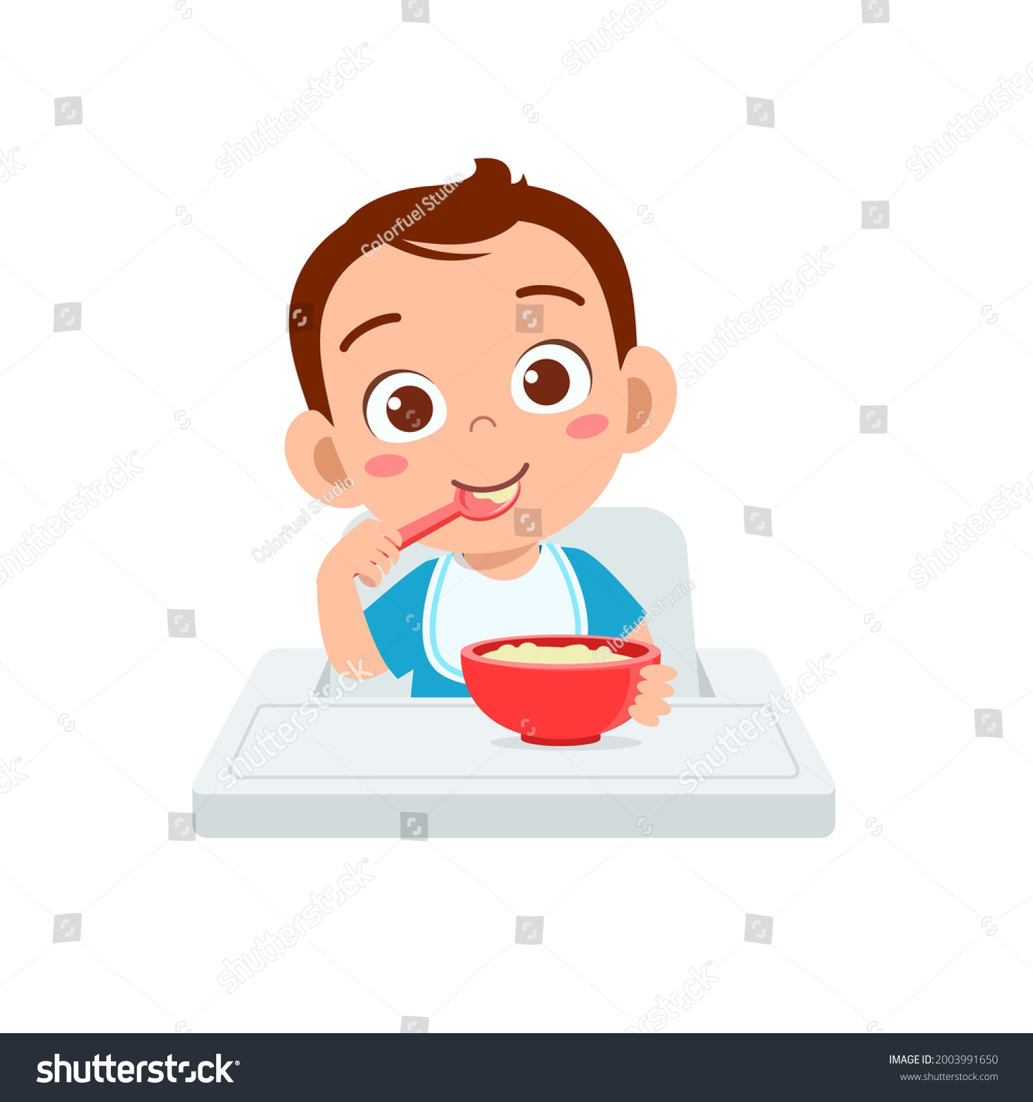 SVG of cute little baby boy eat porridge in bowl with spoon svg