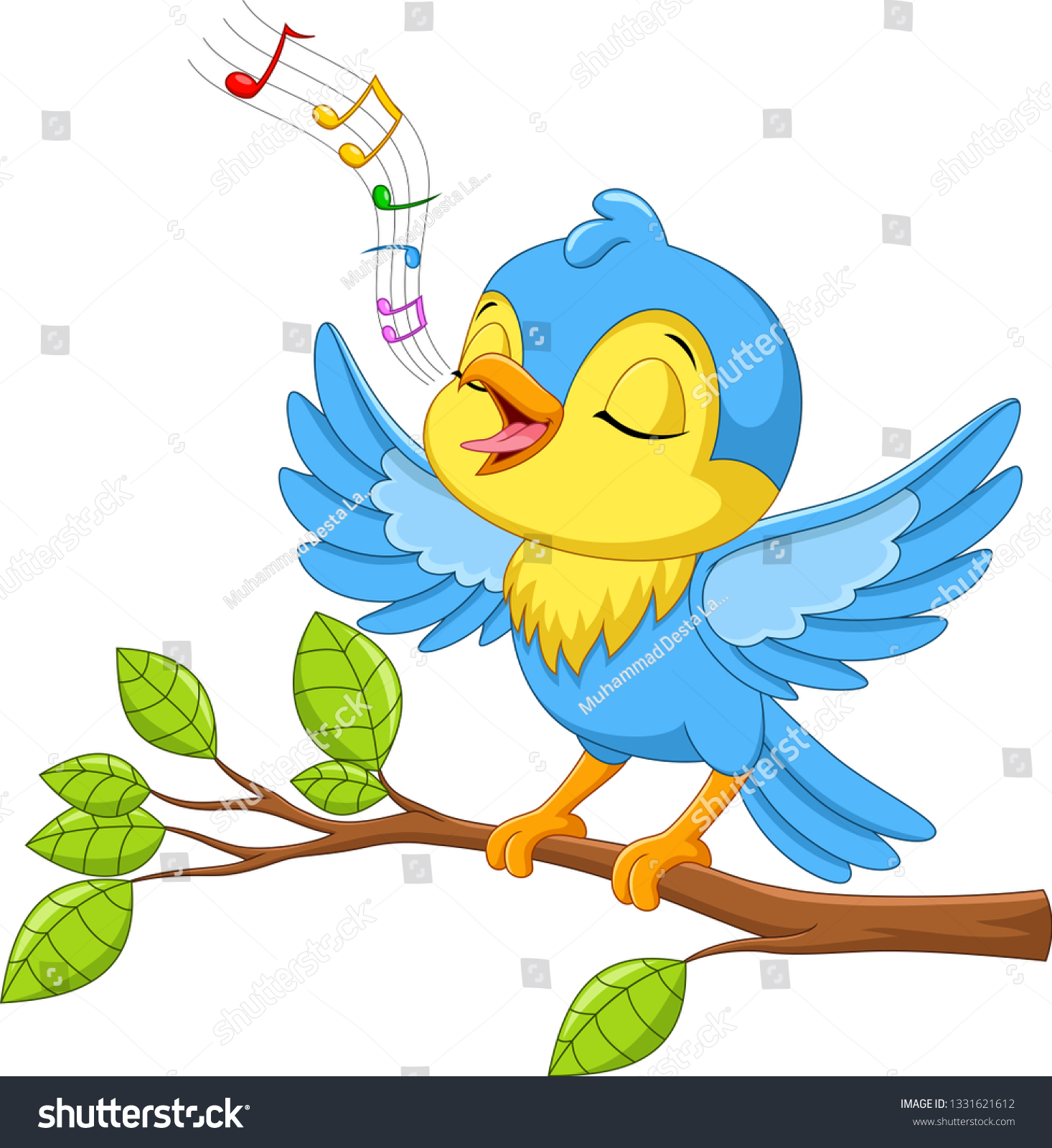 cute-little-bird-sings-on-tree-vetor-stock-livre-de-direitos-1331621612