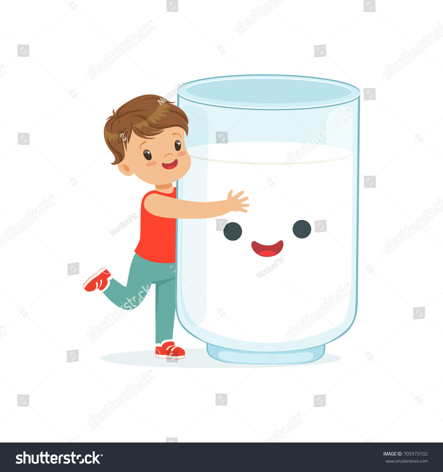 SVG of Cute little boy and funny milk glass with smiling human face playing and having fun, healthy childrens food cartoon characters vector Illustration svg