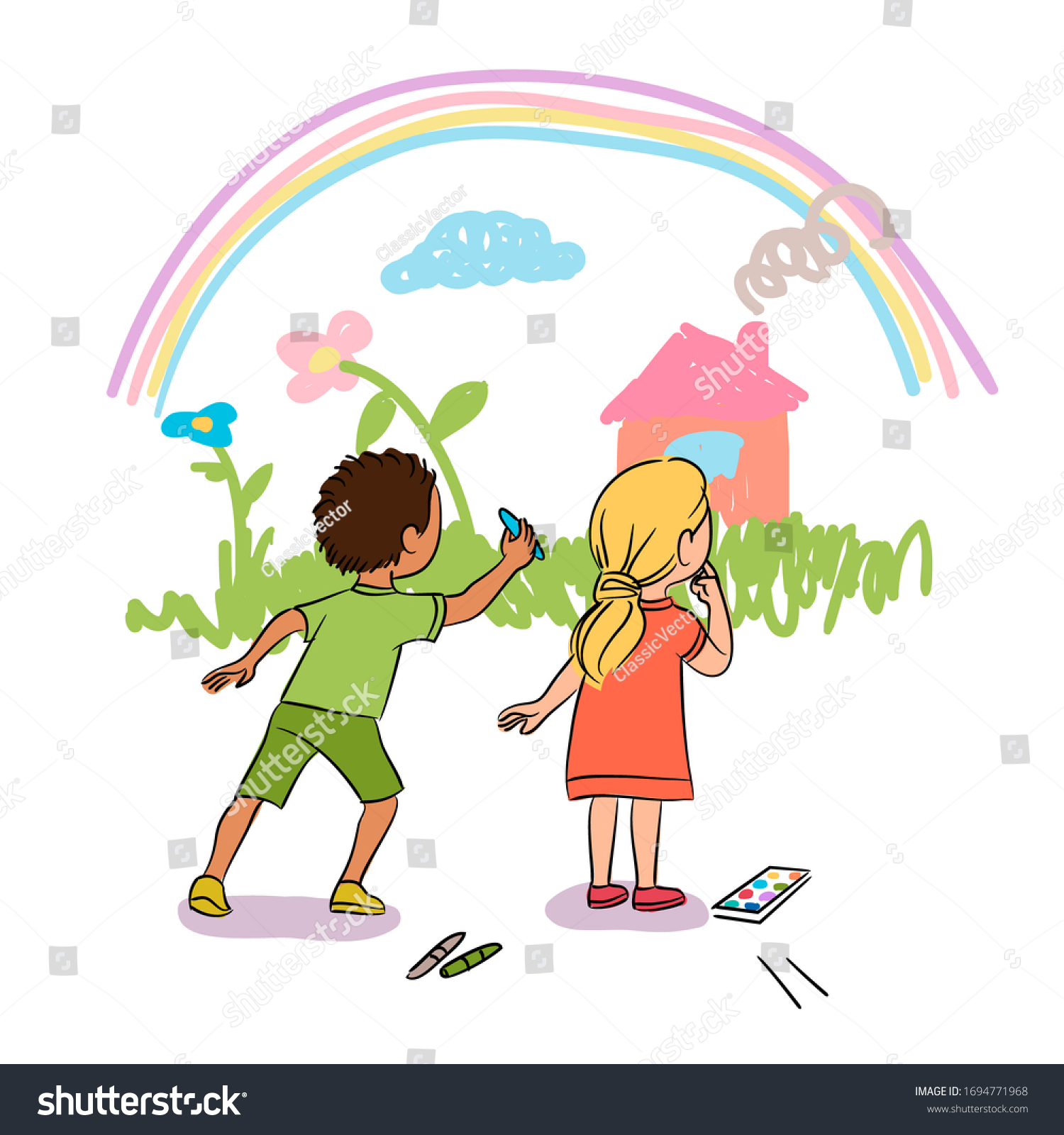Cute Little Boy Girl Painting Wall Stock Vector Royalty Free