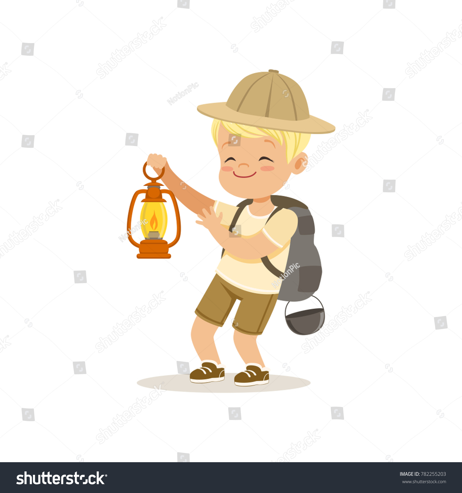 SVG of Cute little boy in scout costume with backpack holding gas lamp, outdoor camp activity vector Illustration svg
