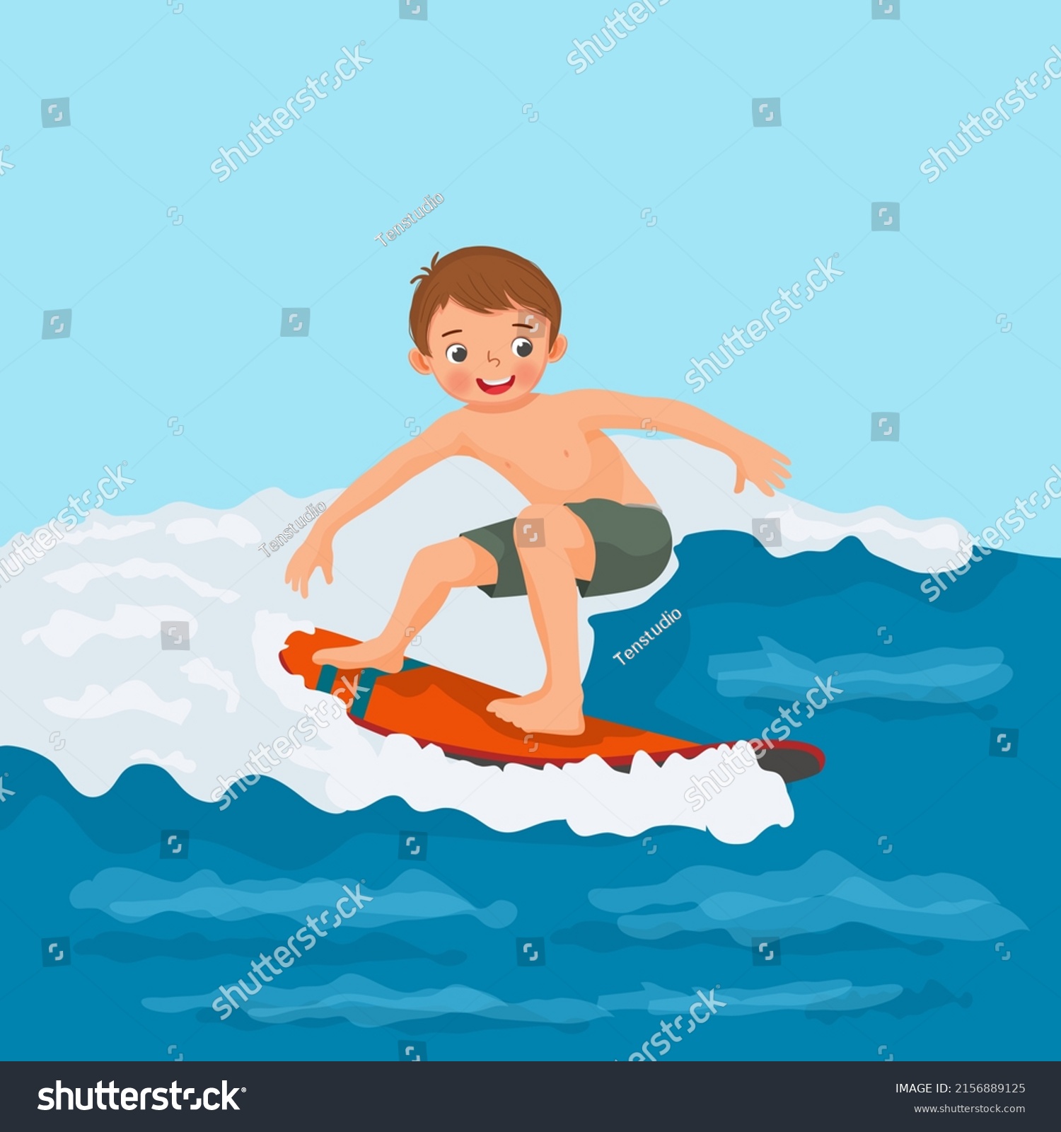 Cute Little Boy Surfer Riding On Stock Vector (Royalty Free) 2156889125 ...