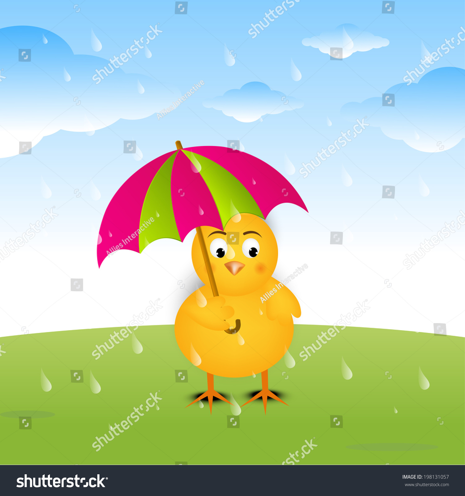 Cute Little Chick Holding Colorful Umbrella Stock Vector (Royalty Free ...