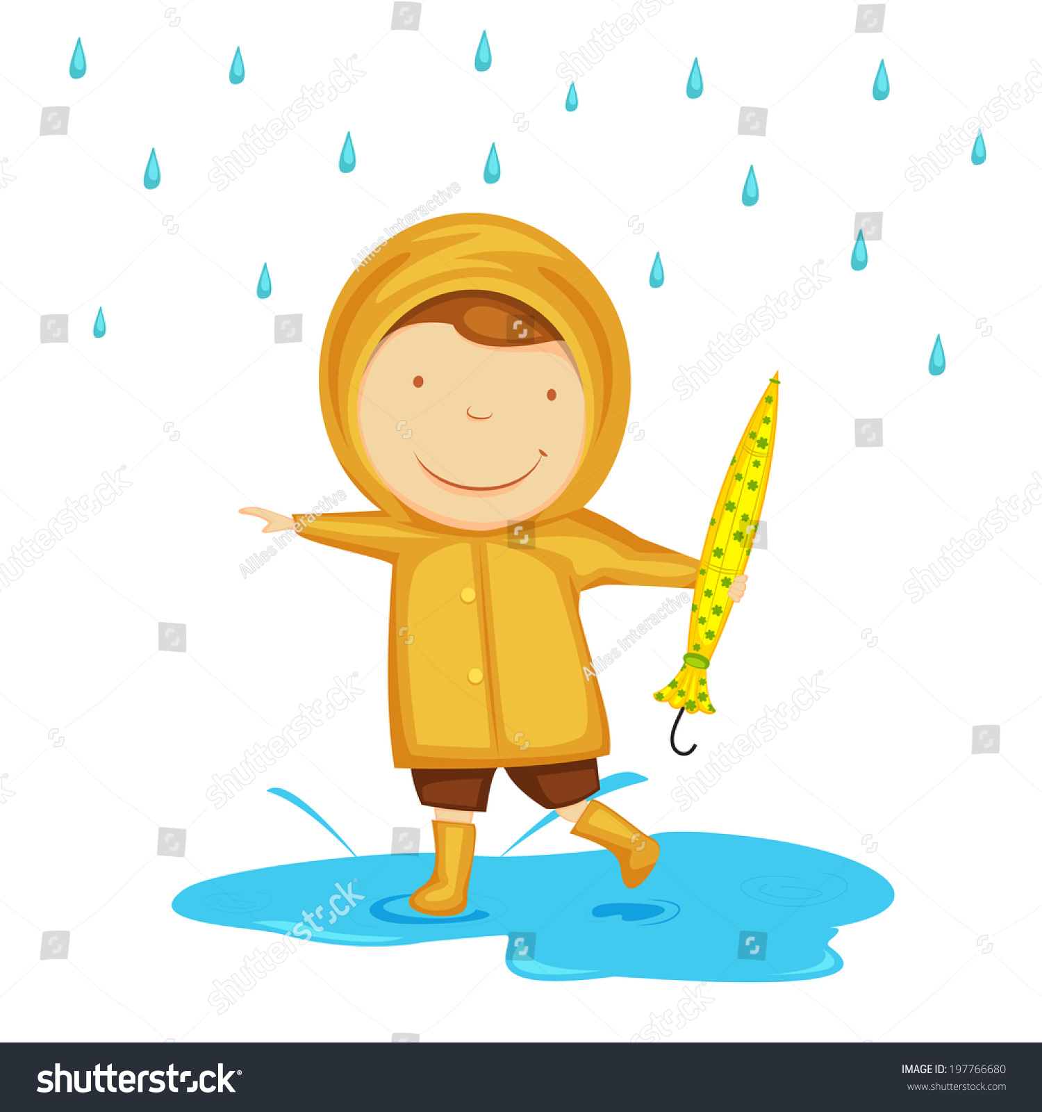 Cute Little Child Dancing In Rains, Holding Umbrella In His Hand On ...