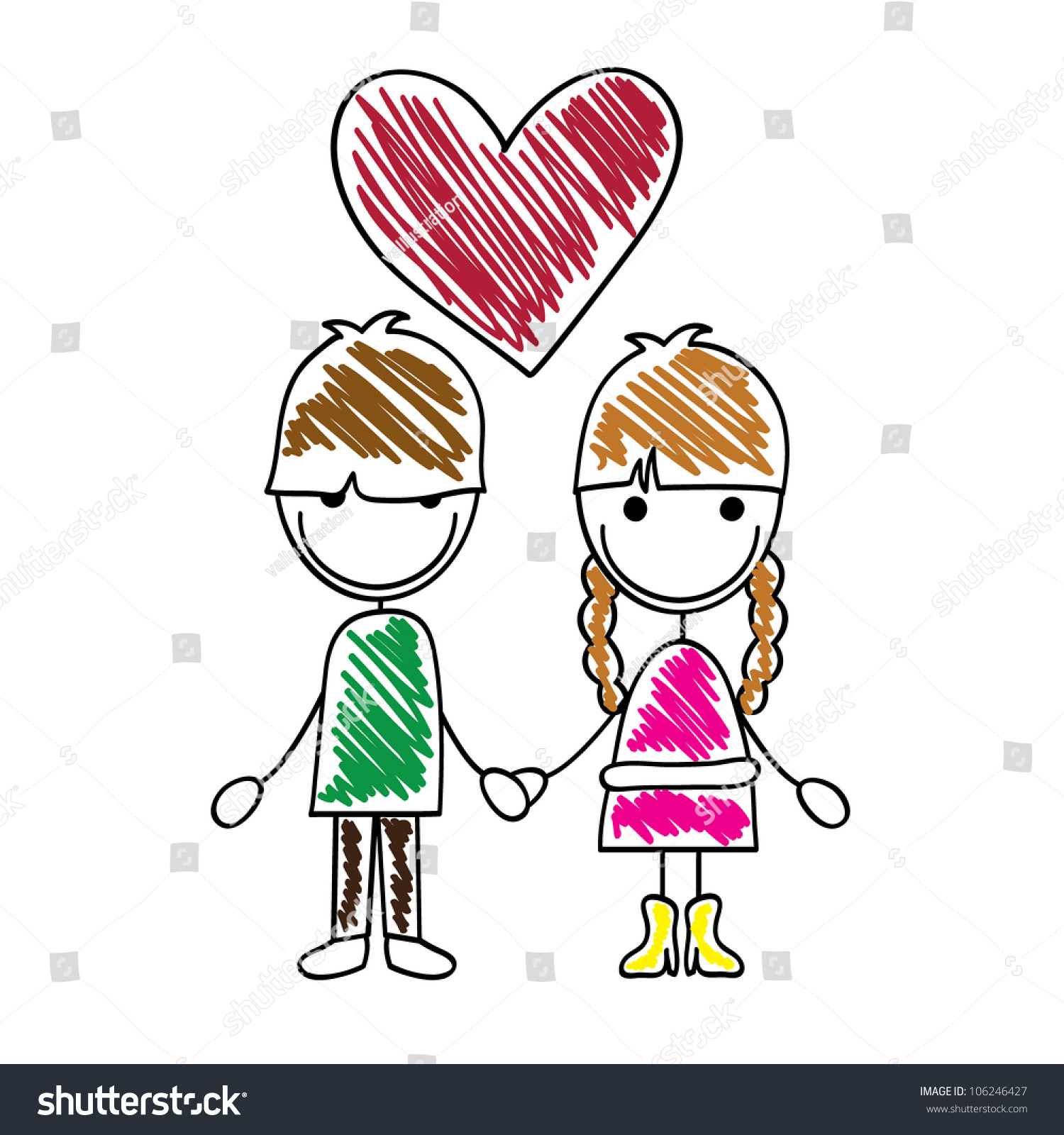 Cute Little Doodle Cartoon Lovers With Heart Above Stock Vector ...