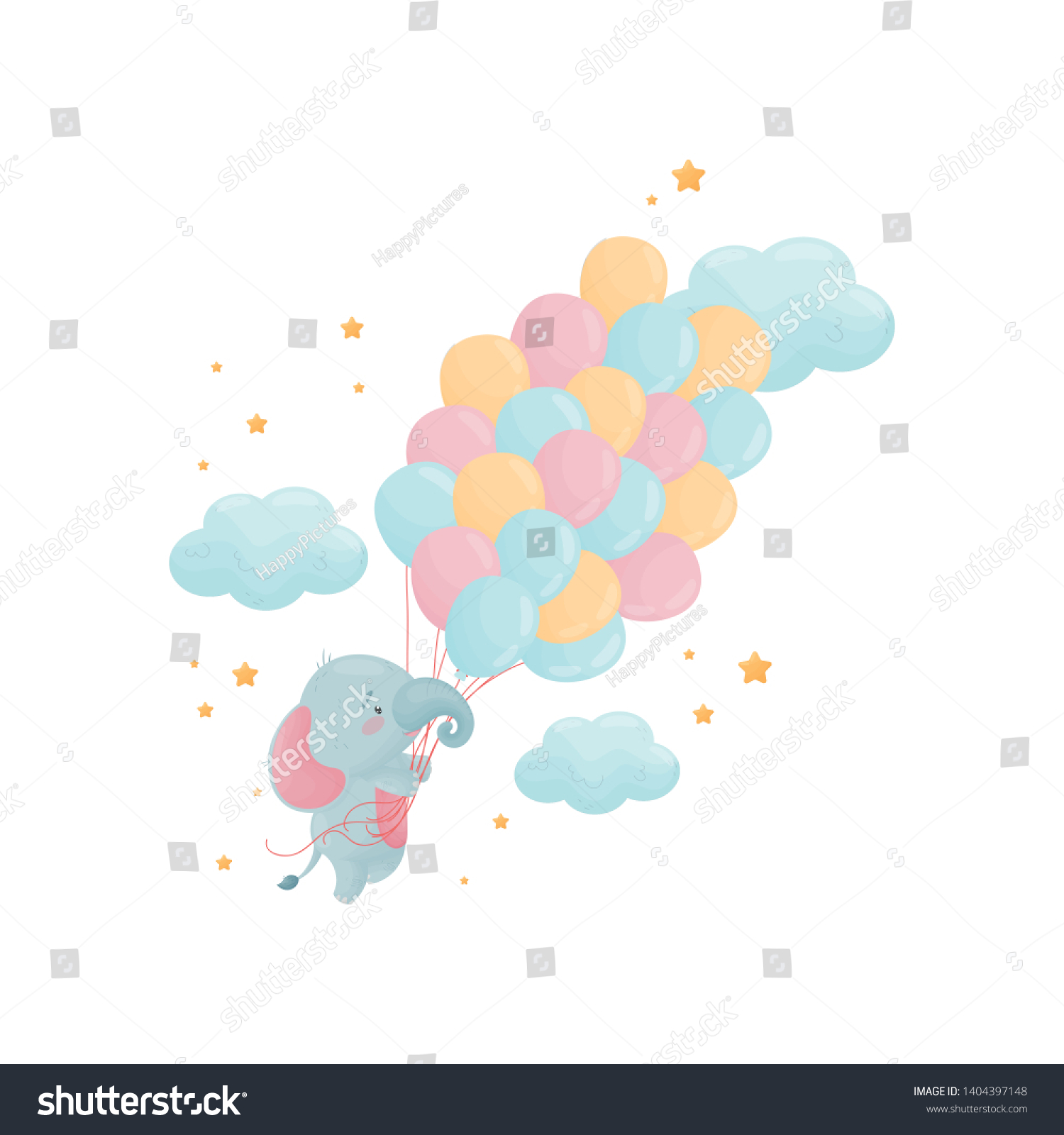 SVG of Cute little elephant is flying over a large bunch of balloons. Vector illustration on white background. svg