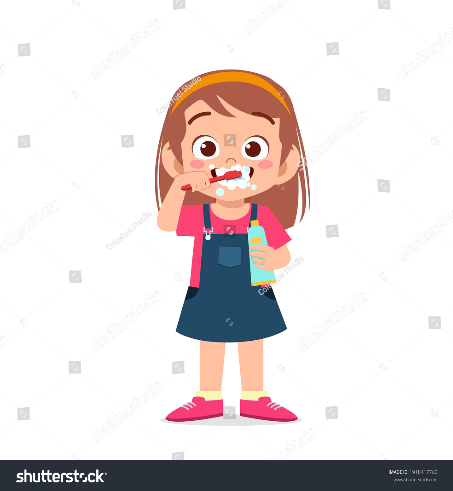 Cute Little Girl Brushing Teeth Holding Stock Vector (Royalty Free ...