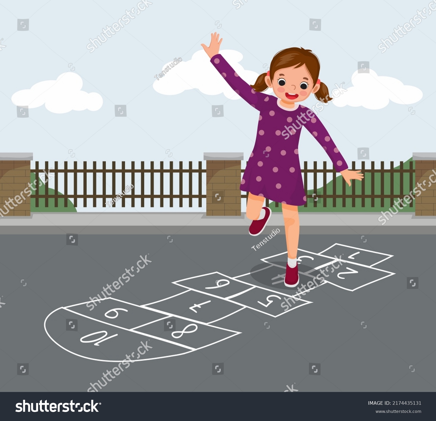 Cute Little Girl Playing Hopscotch Drawn Stock Vector (Royalty Free ...