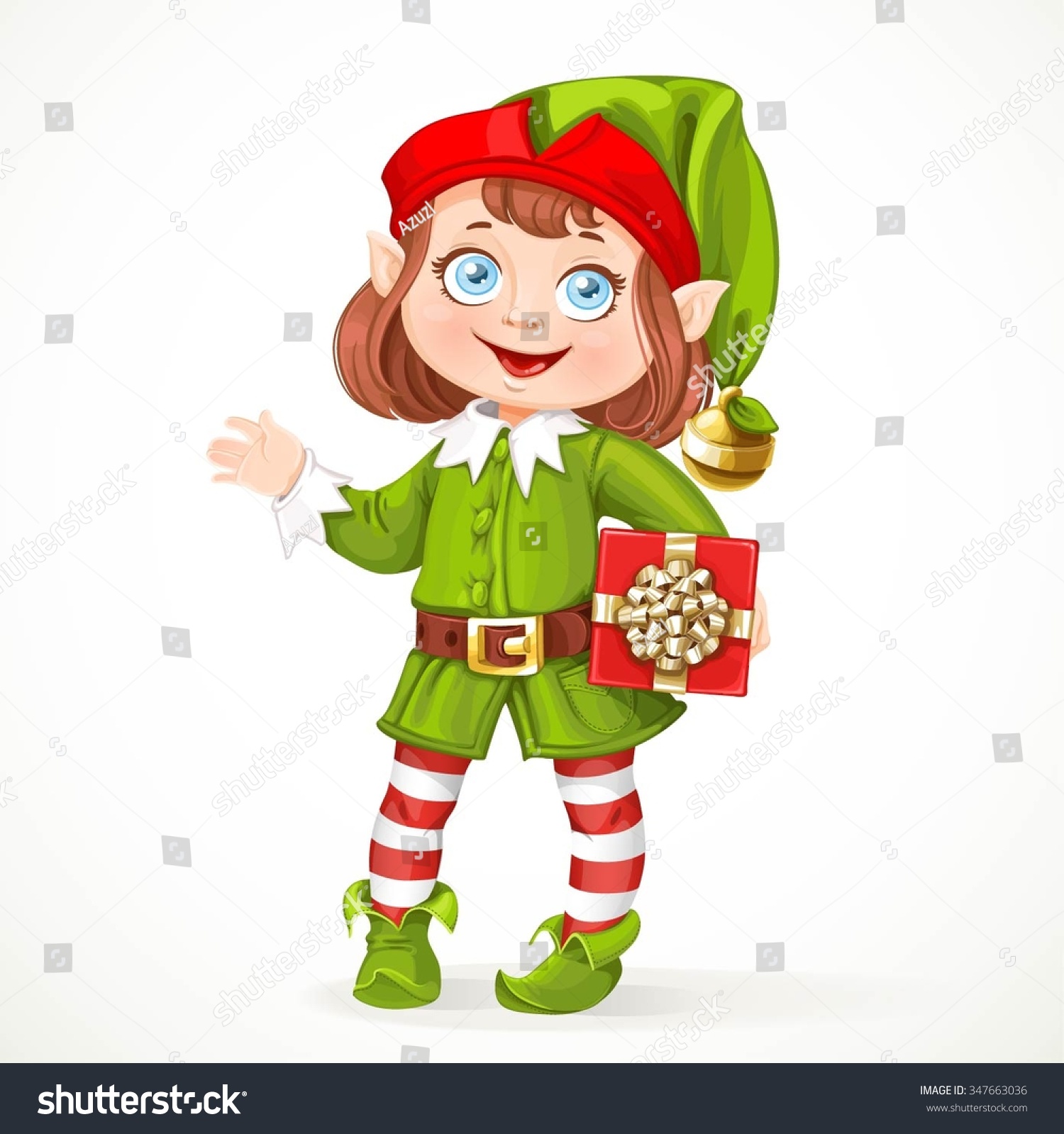 Cute Little Girl Santa Elf With Gift Stand On White Background Stock ...