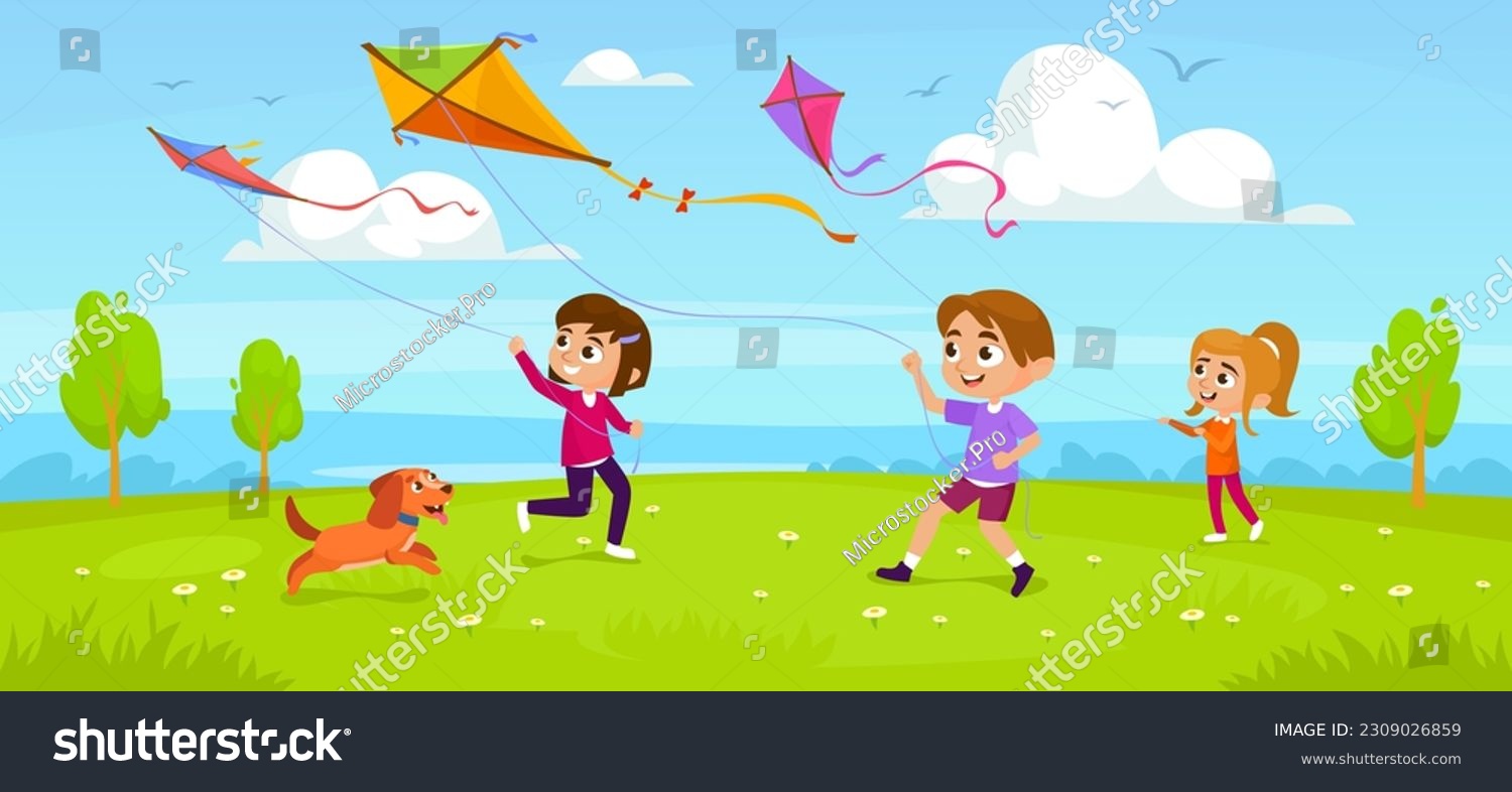 SVG of Cute little kids and a dog playing with kites in a park. Children holding kite strings in their hands, running and flying them in the sky. Summer outdoor activities. Cartoon vector illustration svg