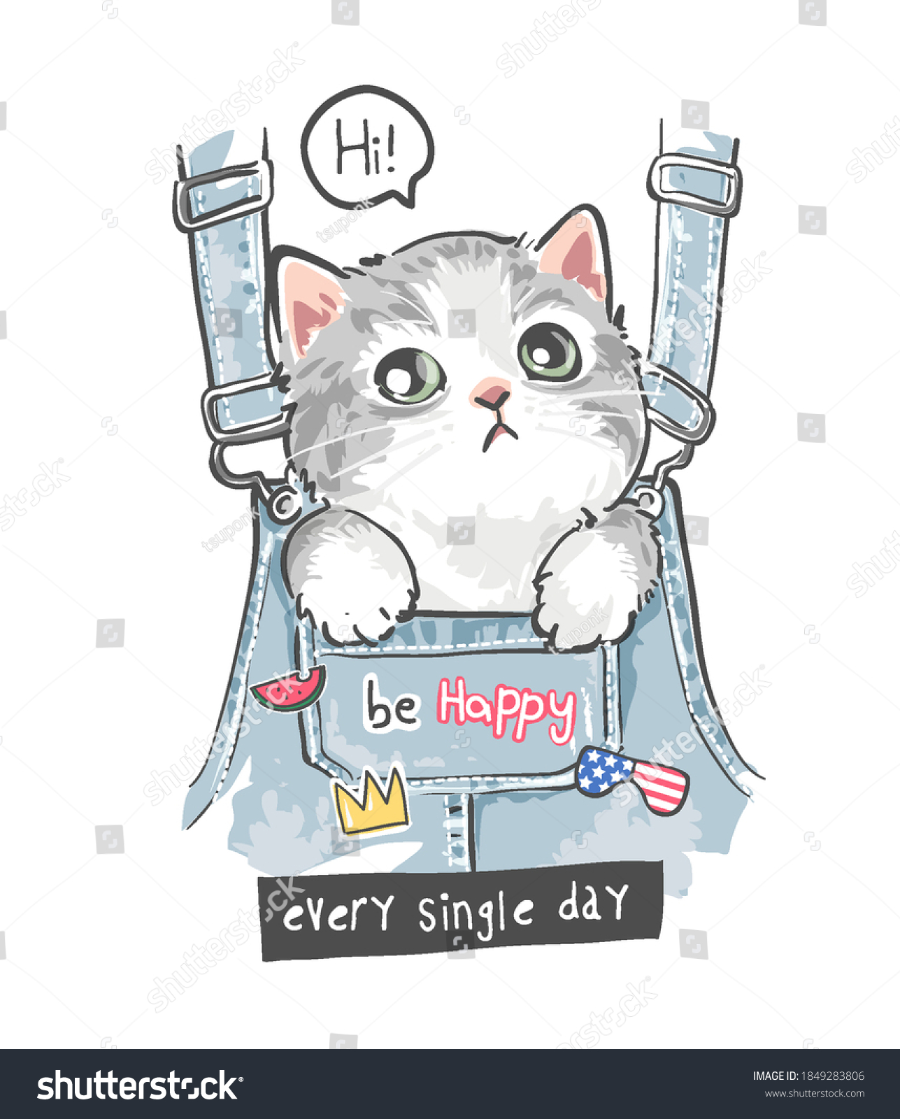 SVG of cute little kitten in front overalls pocket and colorful cute icons illustration svg