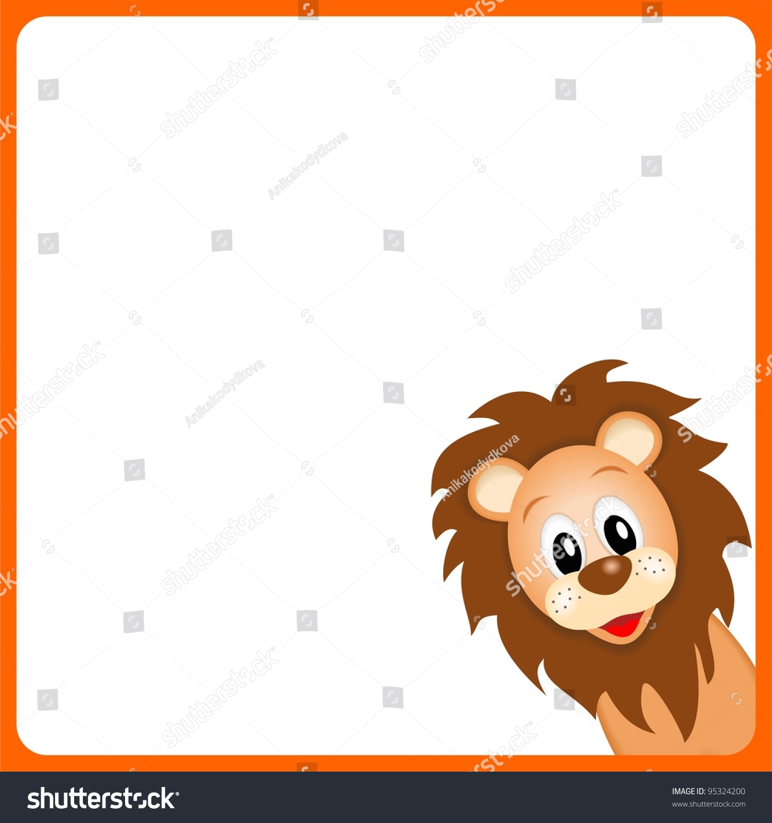 Cute Little Lion On White Background In Orange Border - Vector ...