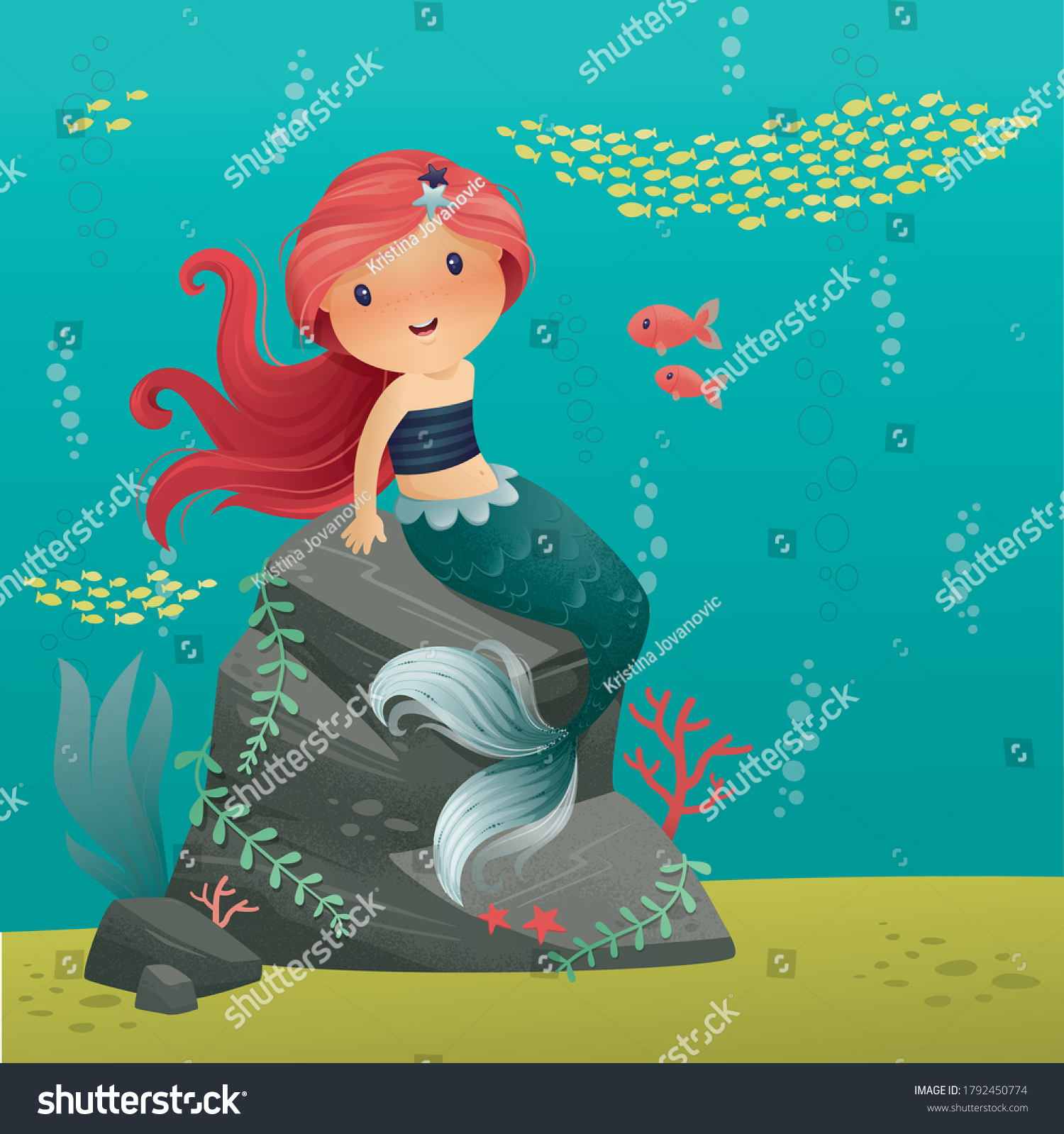 Cute Little Mermaid Long Red Hair Stock Vector (Royalty Free) 1792450774