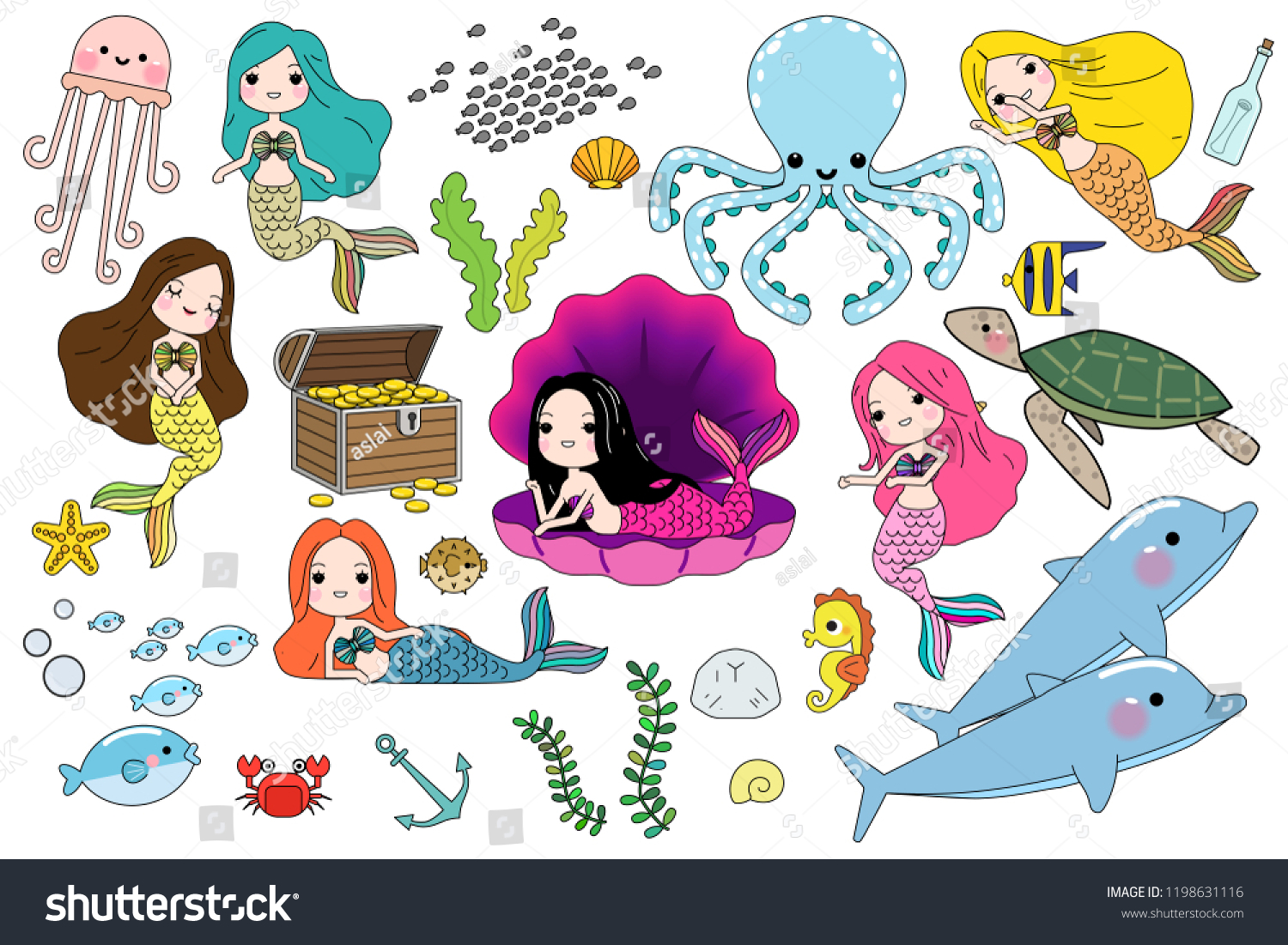 Cute Little Mermaid Sea Animals Under Stock Vector (Royalty Free ...