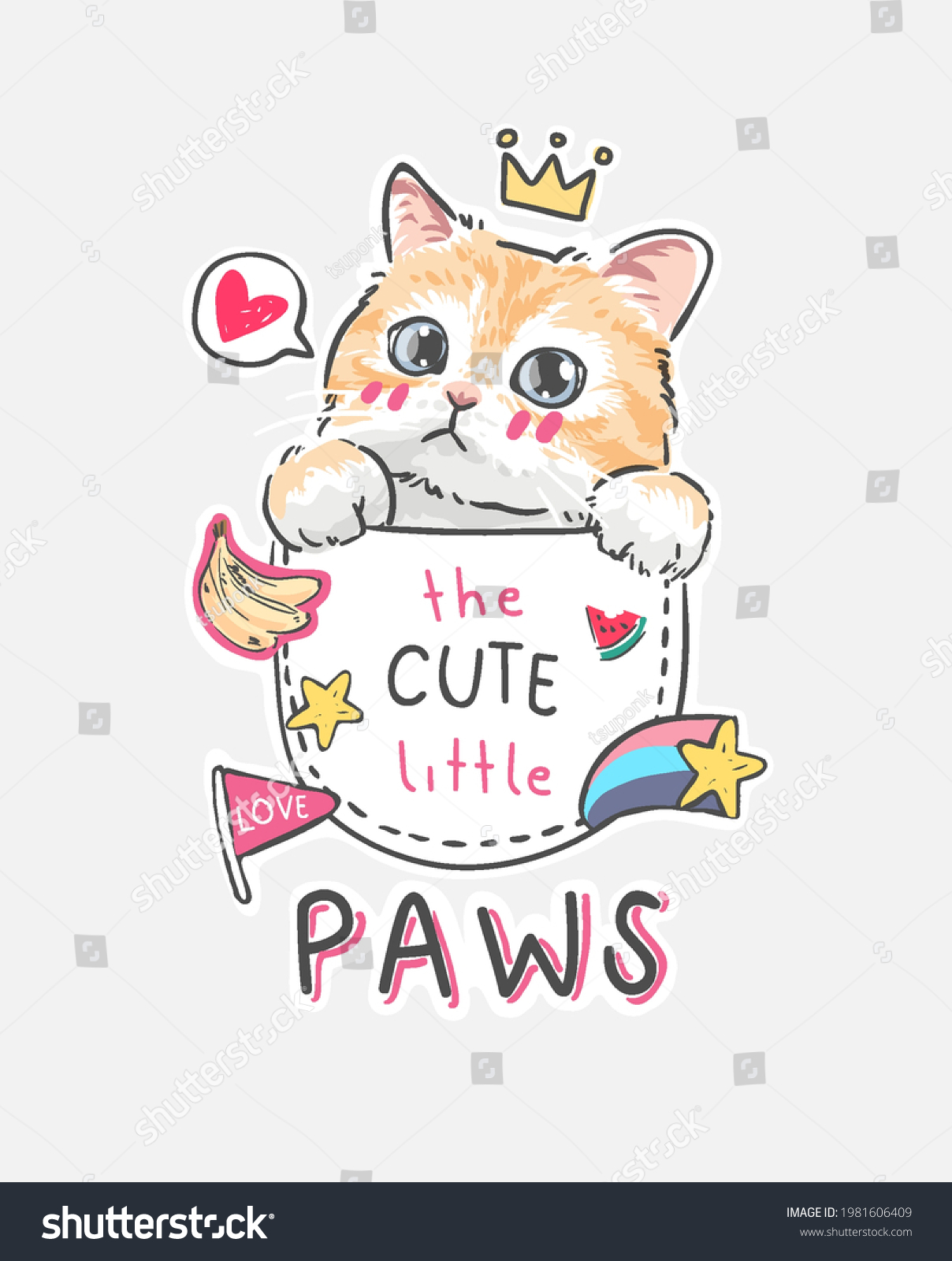 SVG of cute little paws slogan with cute cartoon kitten in shirt pocket with cute icons vector illustration svg