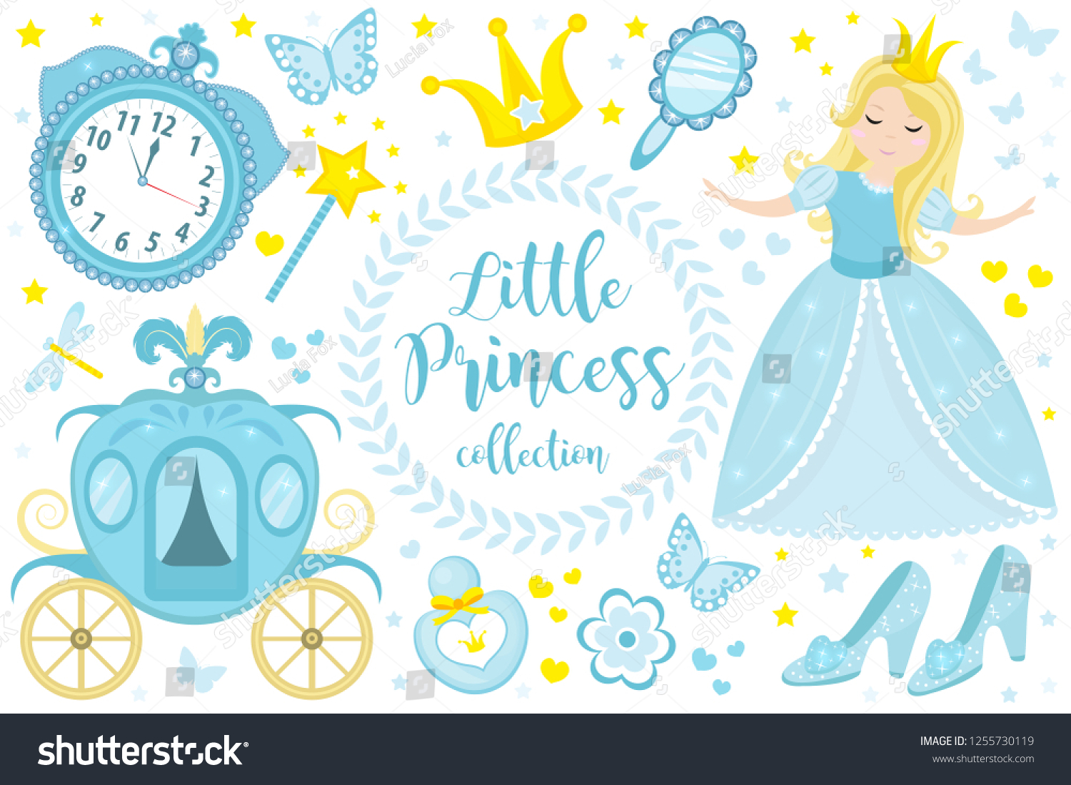 SVG of Cute little princess Cinderella set objects. Collection design element with pretty girl, carriage, watch, mirror, accessories. Kids baby clip art funny smiling character. Vector iillustration svg