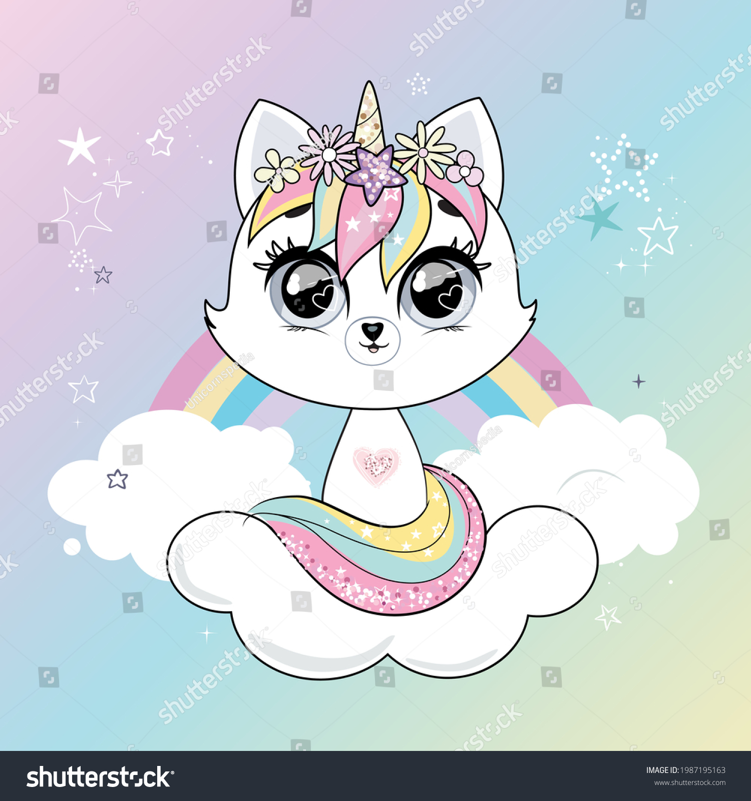 SVG of Cute little white cat unicorn or caticorn over background with rainbow. Pastel soft colors. Vector. svg